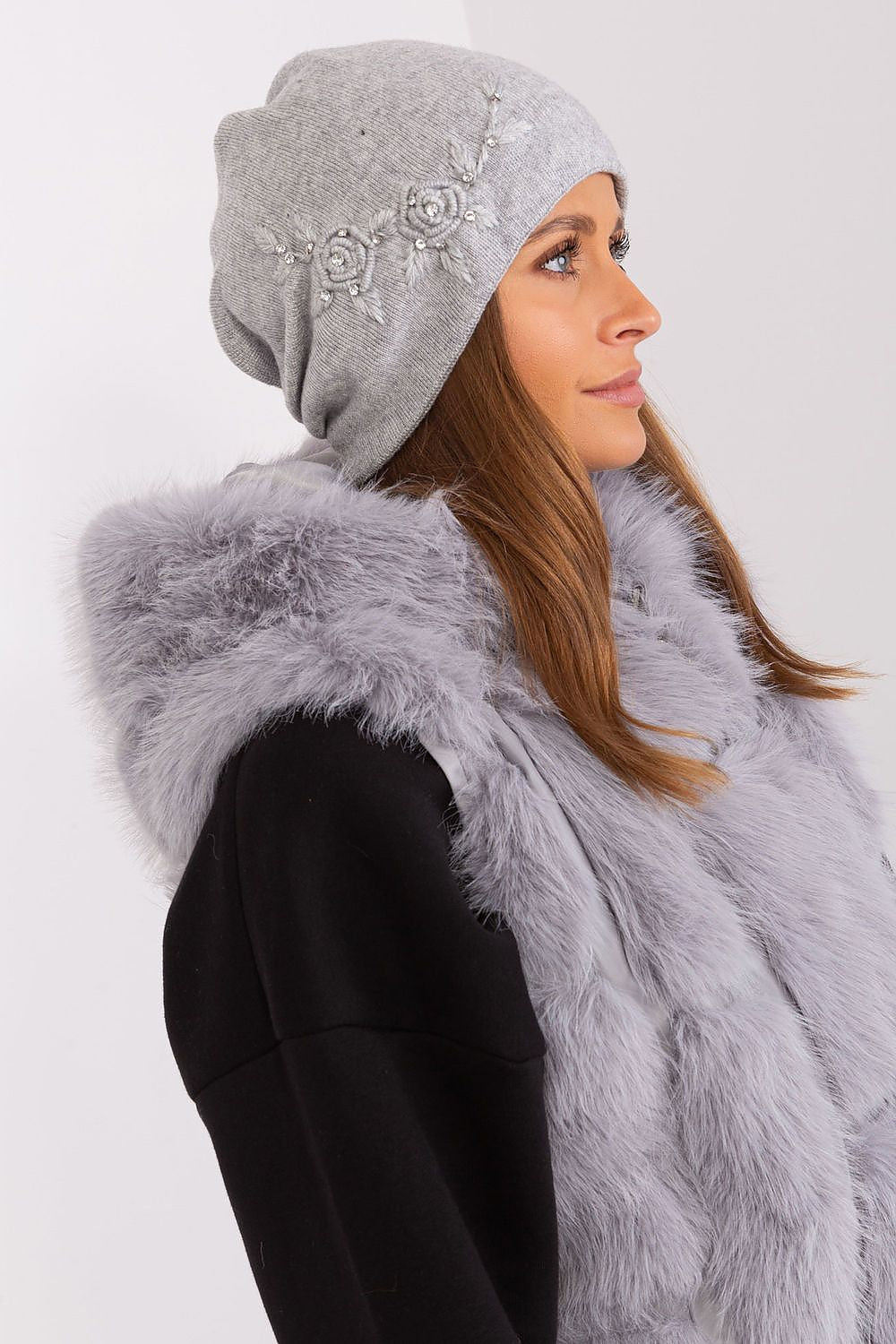 Luxury Women's Winter Hat in Smooth Knit with Decorative Applique - 50% Acrylic, 30% Cotton, 20% Cashmere