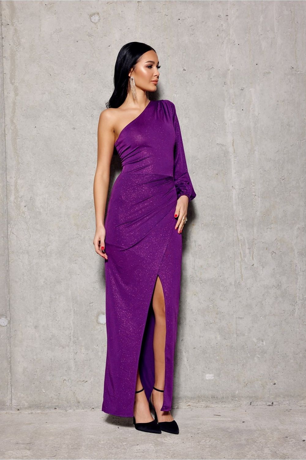 Asymmetrical One-Shoulder Maxi Dress by Roco Fashion - Shimmering Glitter Fabric with Slit