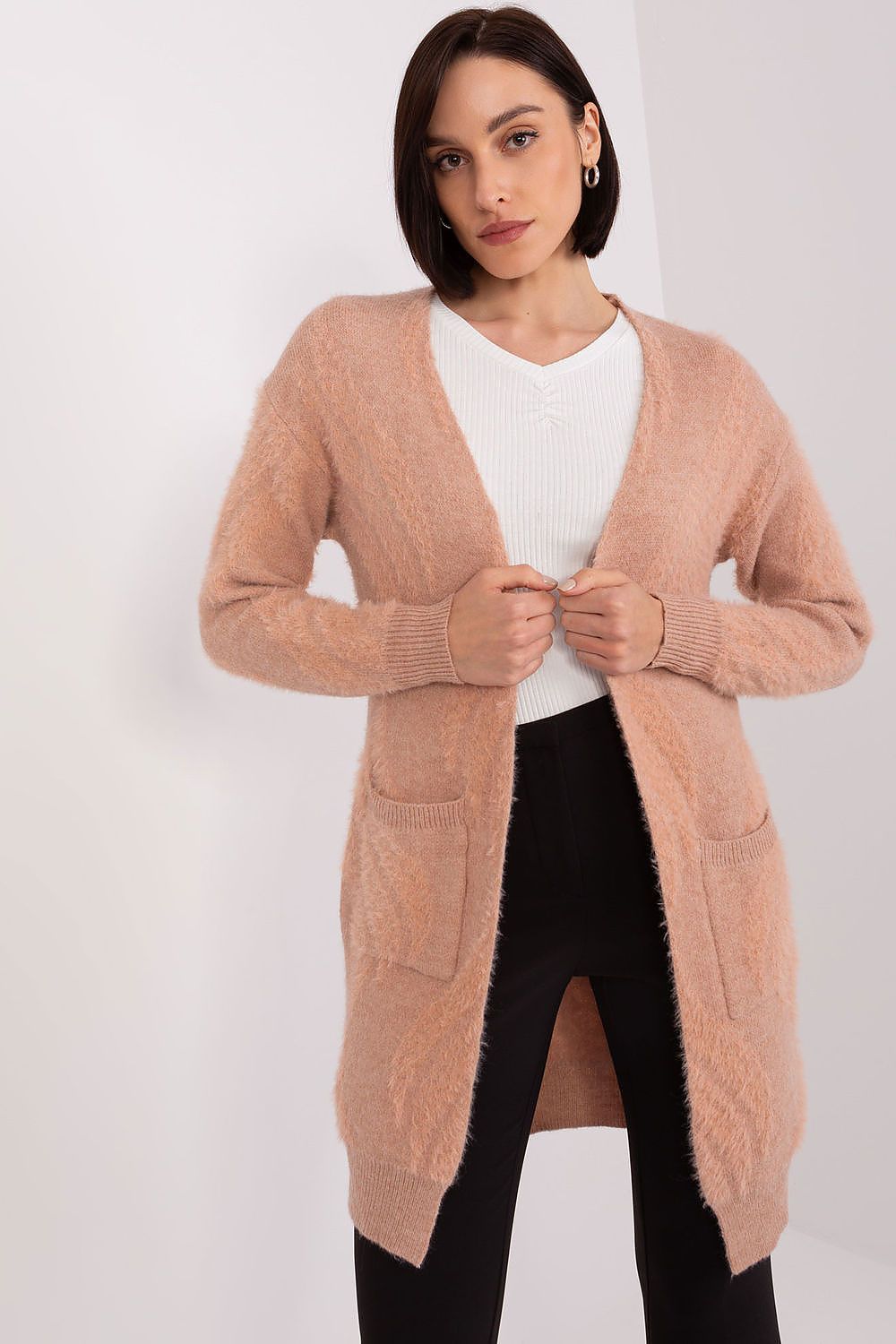 Luxurious Long Sleeve Bedspread Cardigan with Pockets in Variegated Fabric for Everyday Comfort