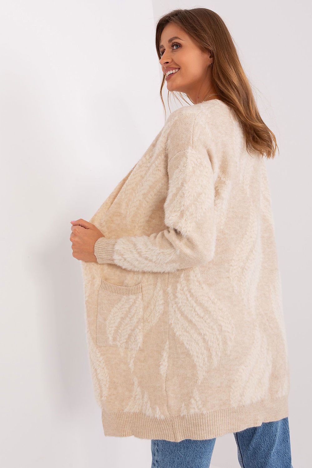 Luxurious Long Sleeve Bedspread Cardigan with Pockets in Variegated Fabric for Everyday Comfort
