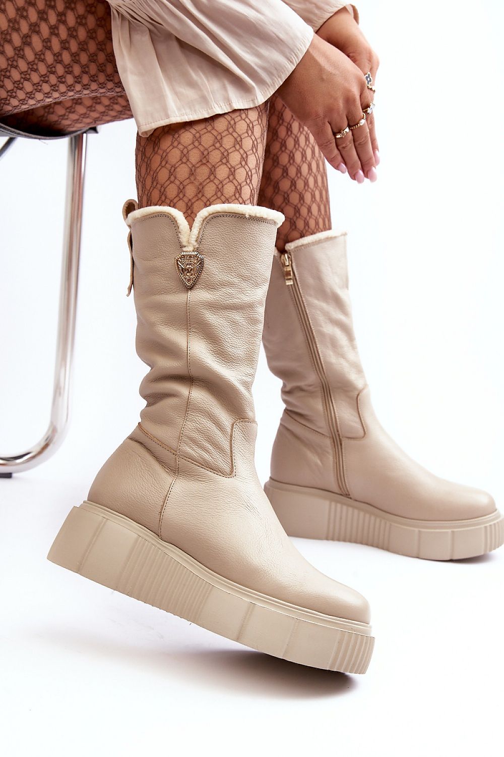 Luxury Women's Thigh-High Leather Boots with Insulated Wool Lining and Decorative Accent
