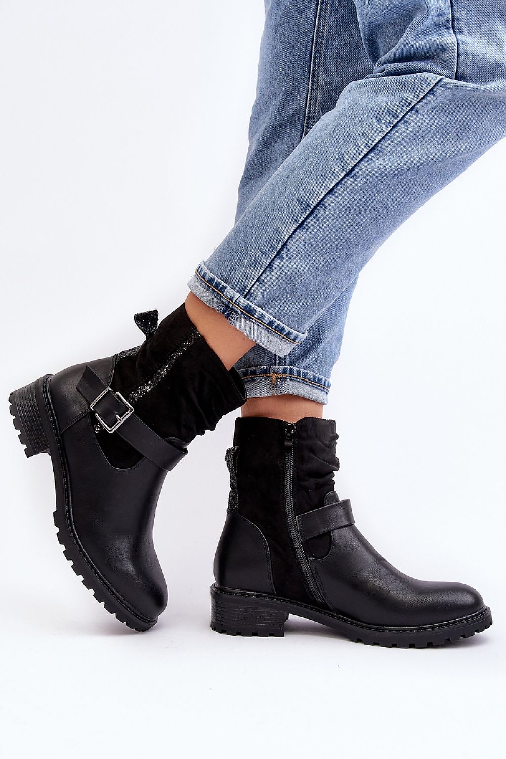Women's Crinkle Ankle Boots with Eco Leather, Faux Fur Lining & Sequined Detail - 4 cm Heel
