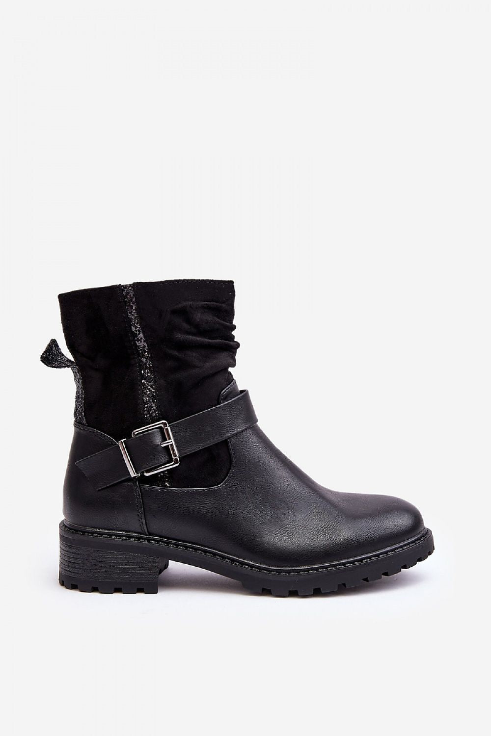 Women's Crinkle Ankle Boots with Eco Leather, Faux Fur Lining & Sequined Detail - 4 cm Heel