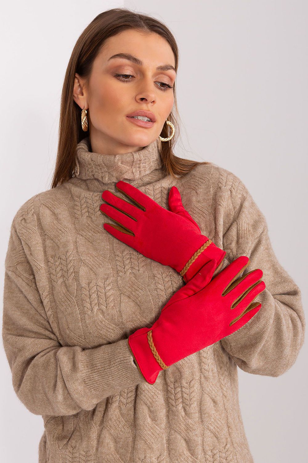 Elegant Women's Touchscreen Gloves with Braided Wrist Straps and Embroidered Flower Detail