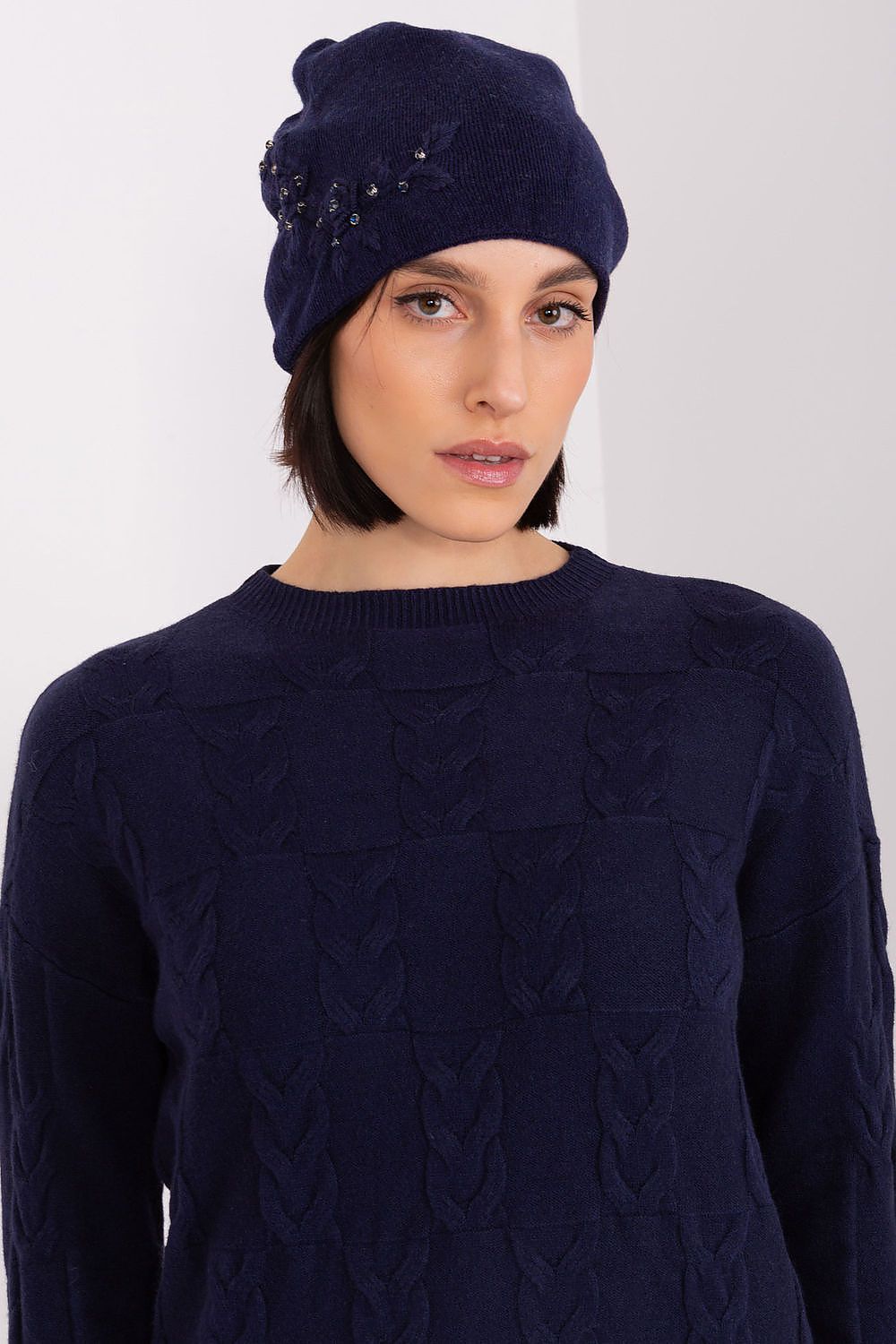 Luxury Women's Winter Hat in Smooth Knit with Decorative Applique - 50% Acrylic, 30% Cotton, 20% Cashmere