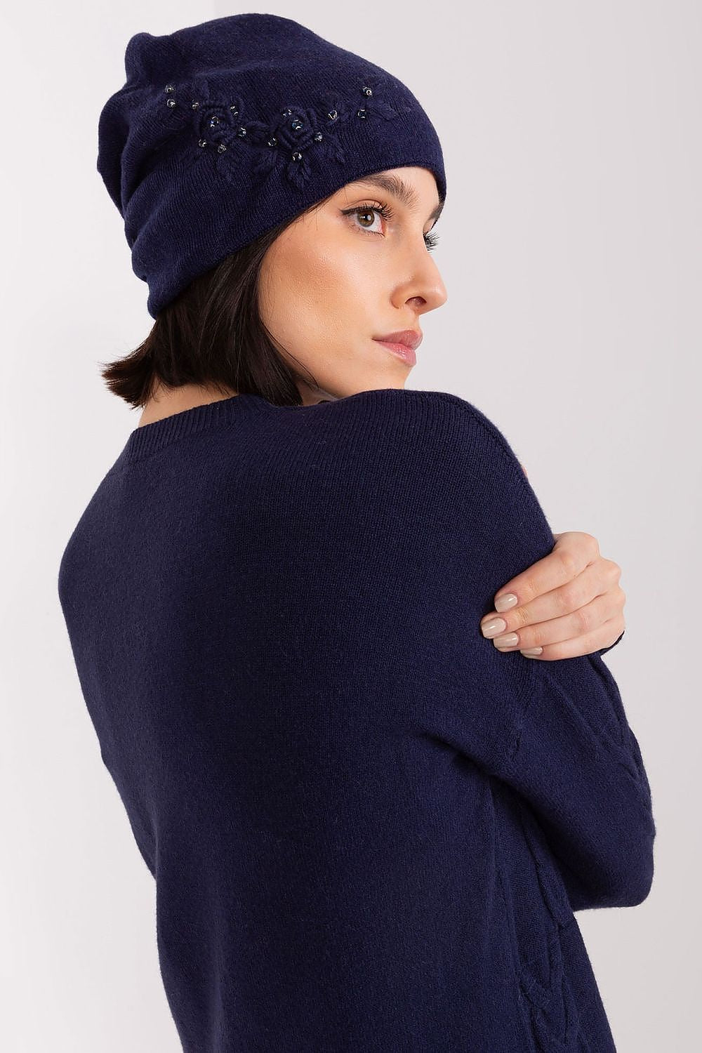 Luxury Women's Winter Hat in Smooth Knit with Decorative Applique - 50% Acrylic, 30% Cotton, 20% Cashmere