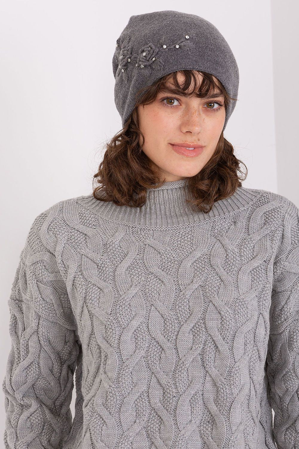 Luxury Women's Winter Hat in Smooth Knit with Decorative Applique - 50% Acrylic, 30% Cotton, 20% Cashmere