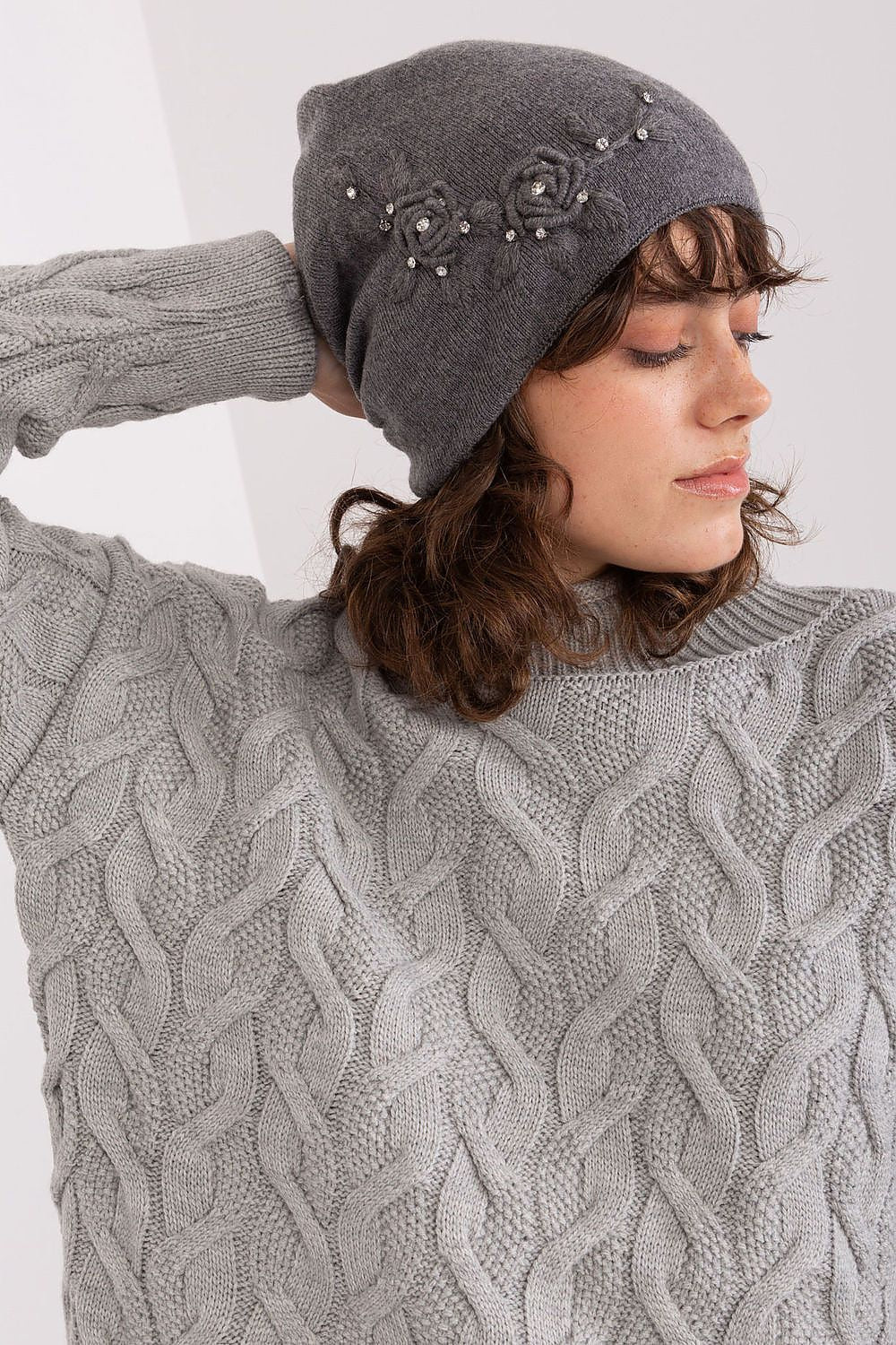 Luxury Women's Winter Hat in Smooth Knit with Decorative Applique - 50% Acrylic, 30% Cotton, 20% Cashmere
