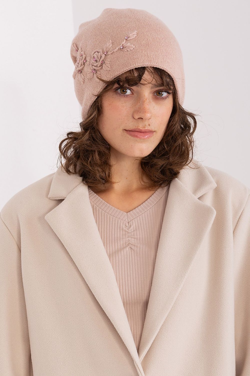Luxury Women's Winter Hat in Smooth Knit with Decorative Applique - 50% Acrylic, 30% Cotton, 20% Cashmere