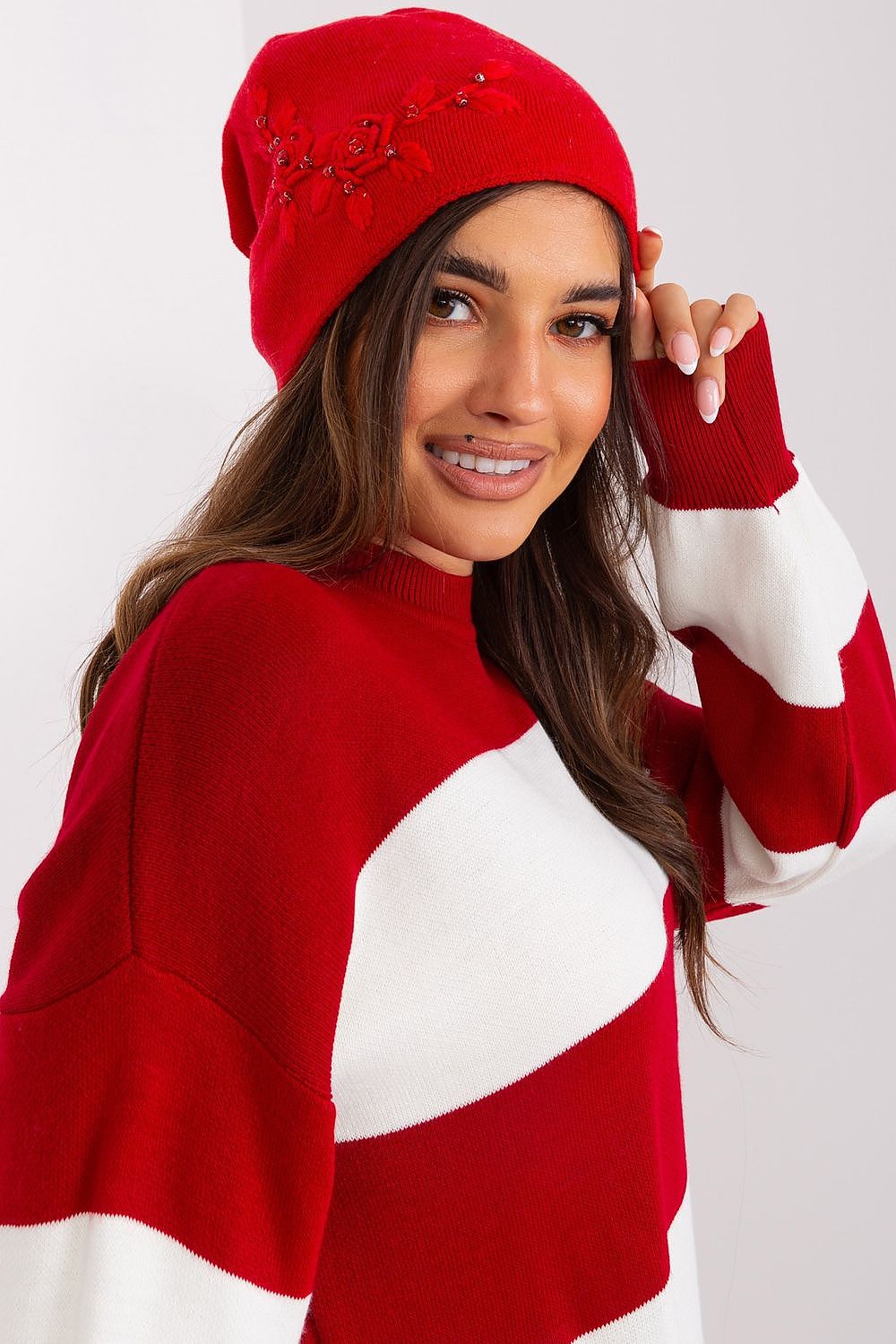 Luxury Women's Winter Hat in Smooth Knit with Decorative Applique - 50% Acrylic, 30% Cotton, 20% Cashmere
