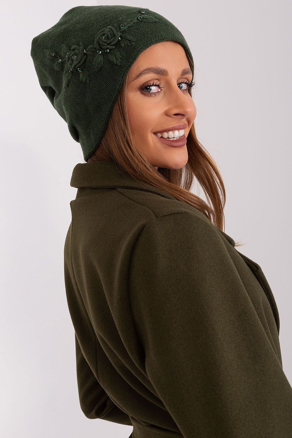 Luxury Women's Winter Hat in Smooth Knit with Decorative Applique - 50% Acrylic, 30% Cotton, 20% Cashmere