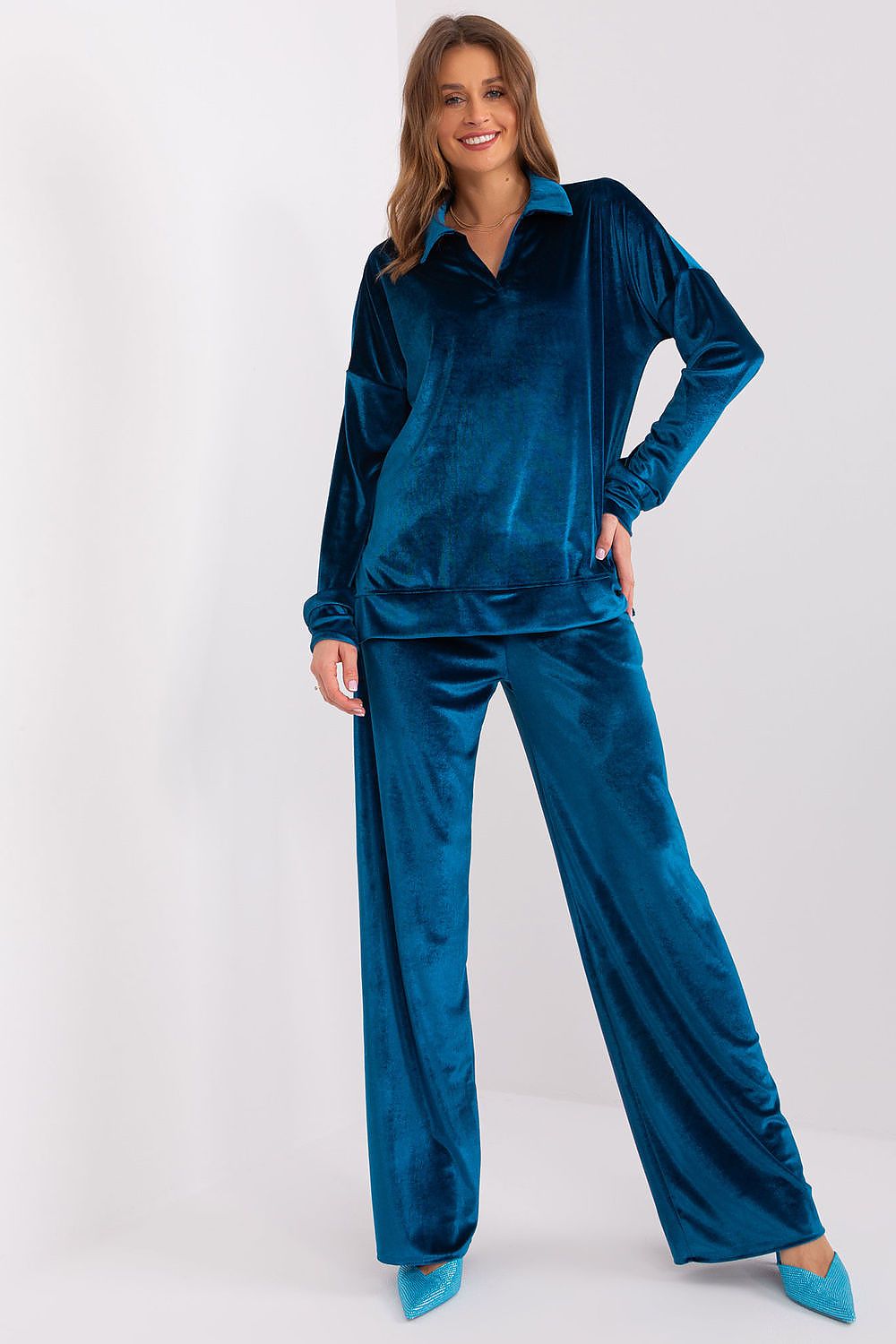 Lakerta Women's Velour Comfort Set – Stylish Long Sleeve Blouse & High Waist Wide Leg Pants