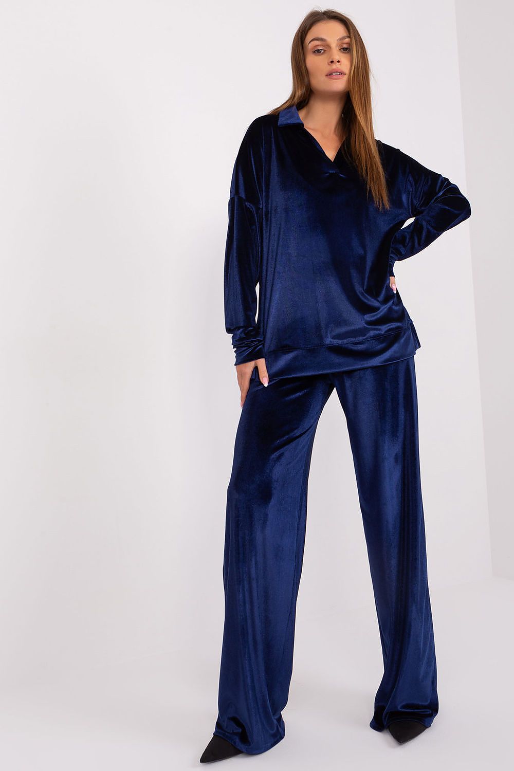 Lakerta Women's Velour Comfort Set – Stylish Long Sleeve Blouse & High Waist Wide Leg Pants