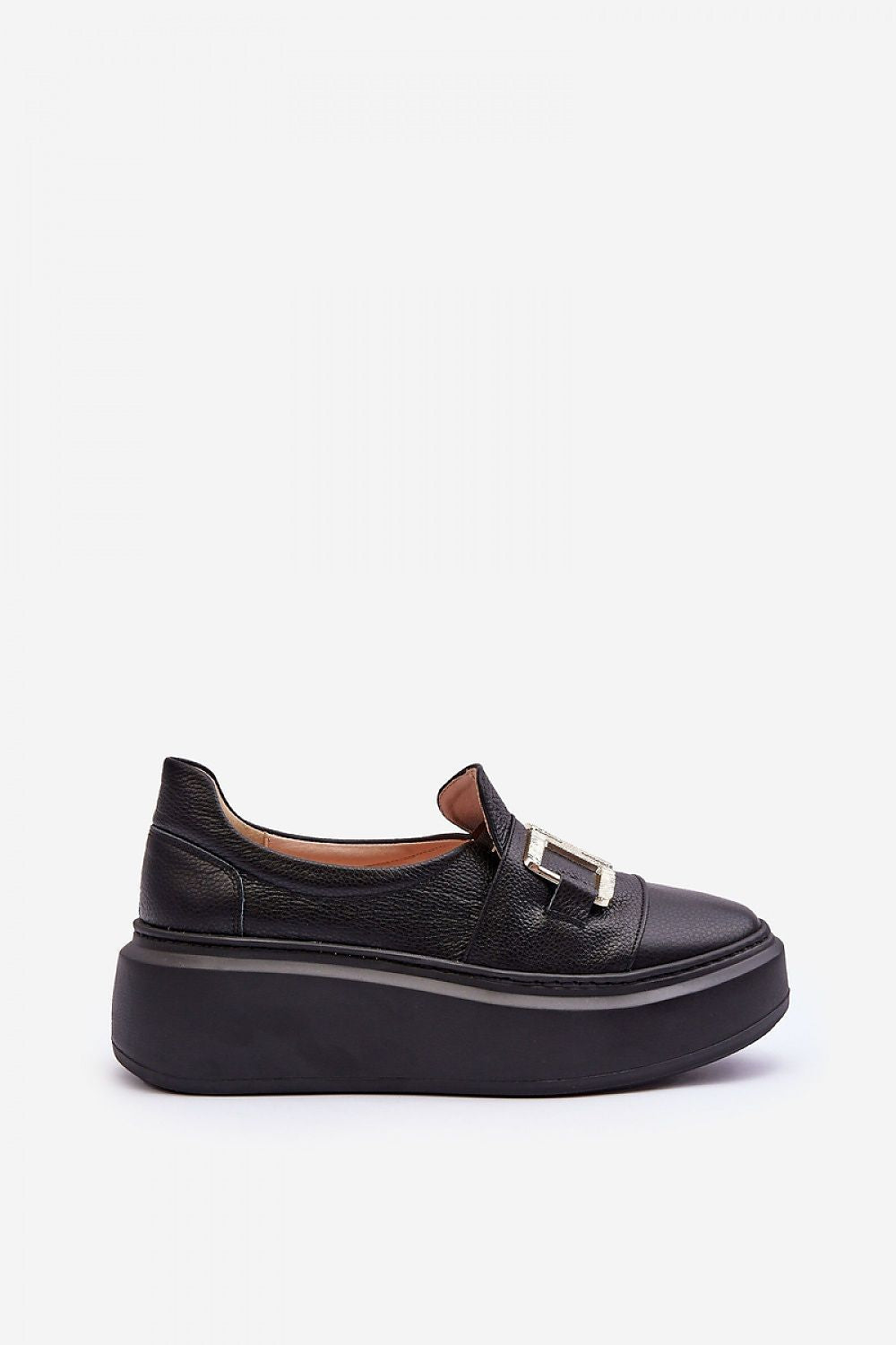 Women's Half Shoes in Natural Leather with Gold Ornament and Adjustable Elastic Band