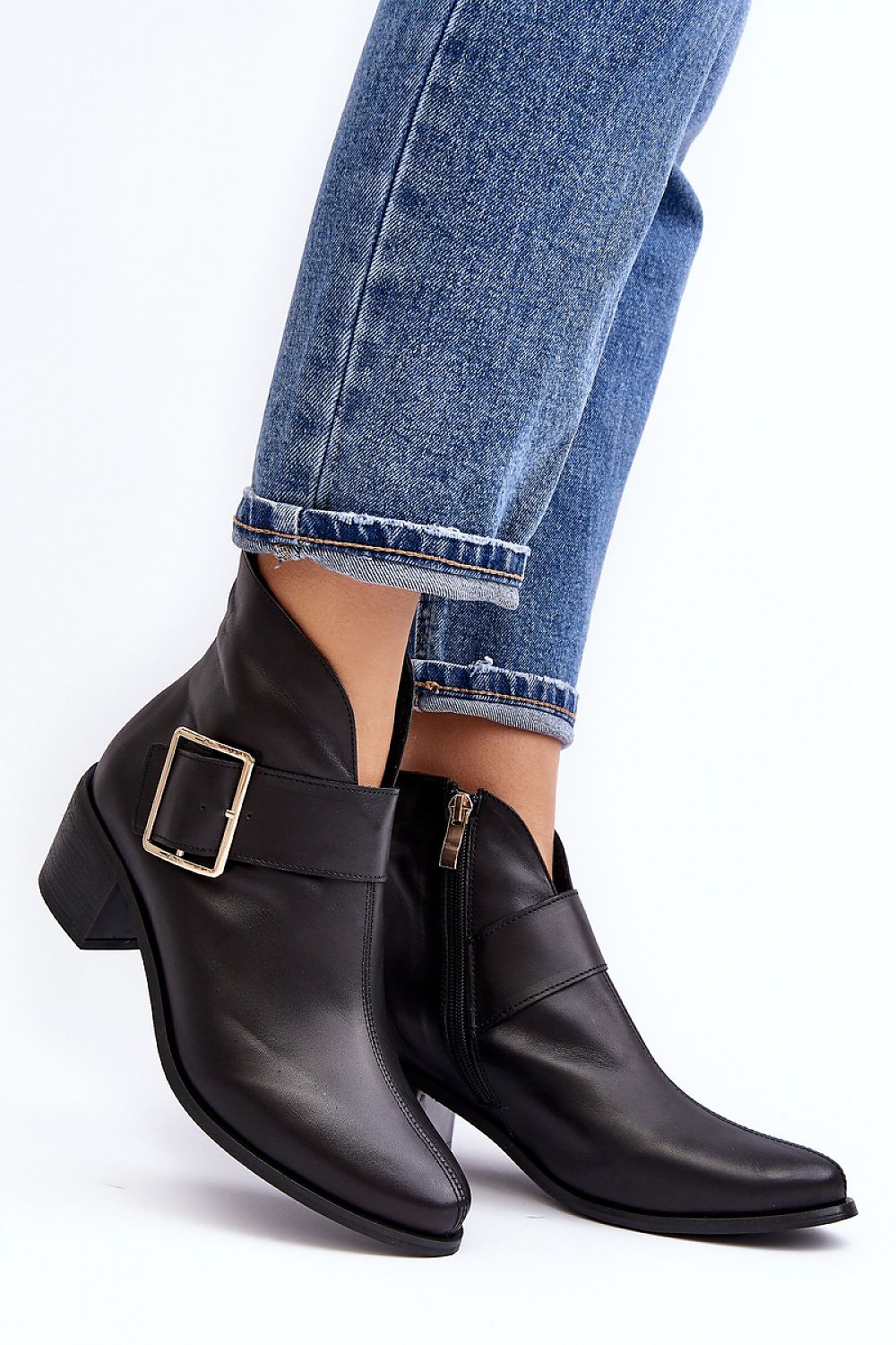 Elegant Women’s Leather Ankle Boots with Low Block Heel and Decorative Buckle