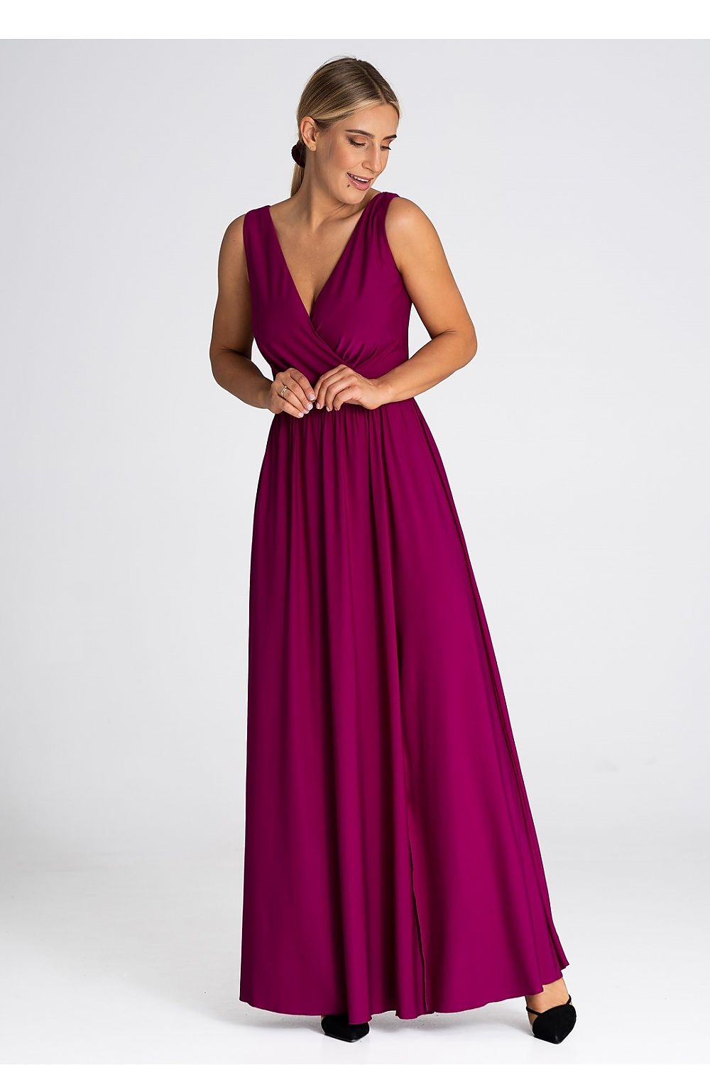 Elegant V-Neck Maxi Dress With Front Slit - Figl Long Dress in S, M, L, XL Sizes