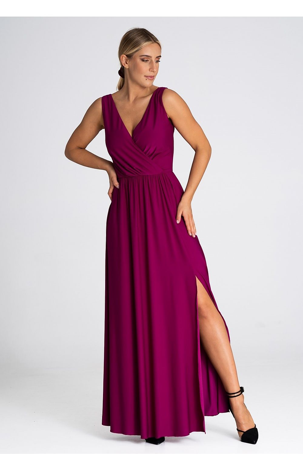 Elegant V-Neck Maxi Dress With Front Slit - Figl Long Dress in S, M, L, XL Sizes