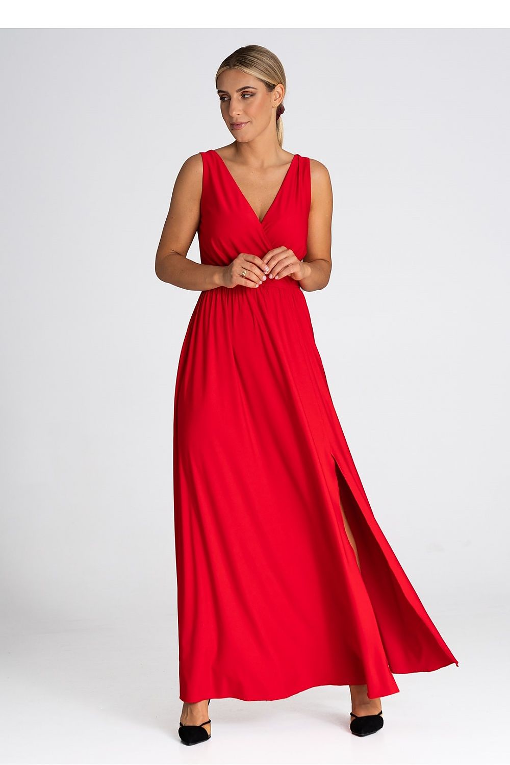 Elegant V-Neck Maxi Dress With Front Slit - Figl Long Dress in S, M, L, XL Sizes