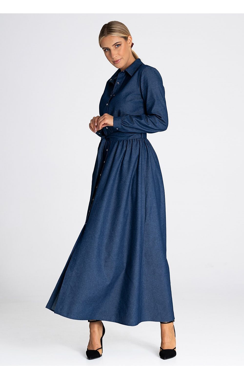 Classic Figl Denim Day Dress With Button Front, Collar, and Belted Waist - Elegant Cotton Design