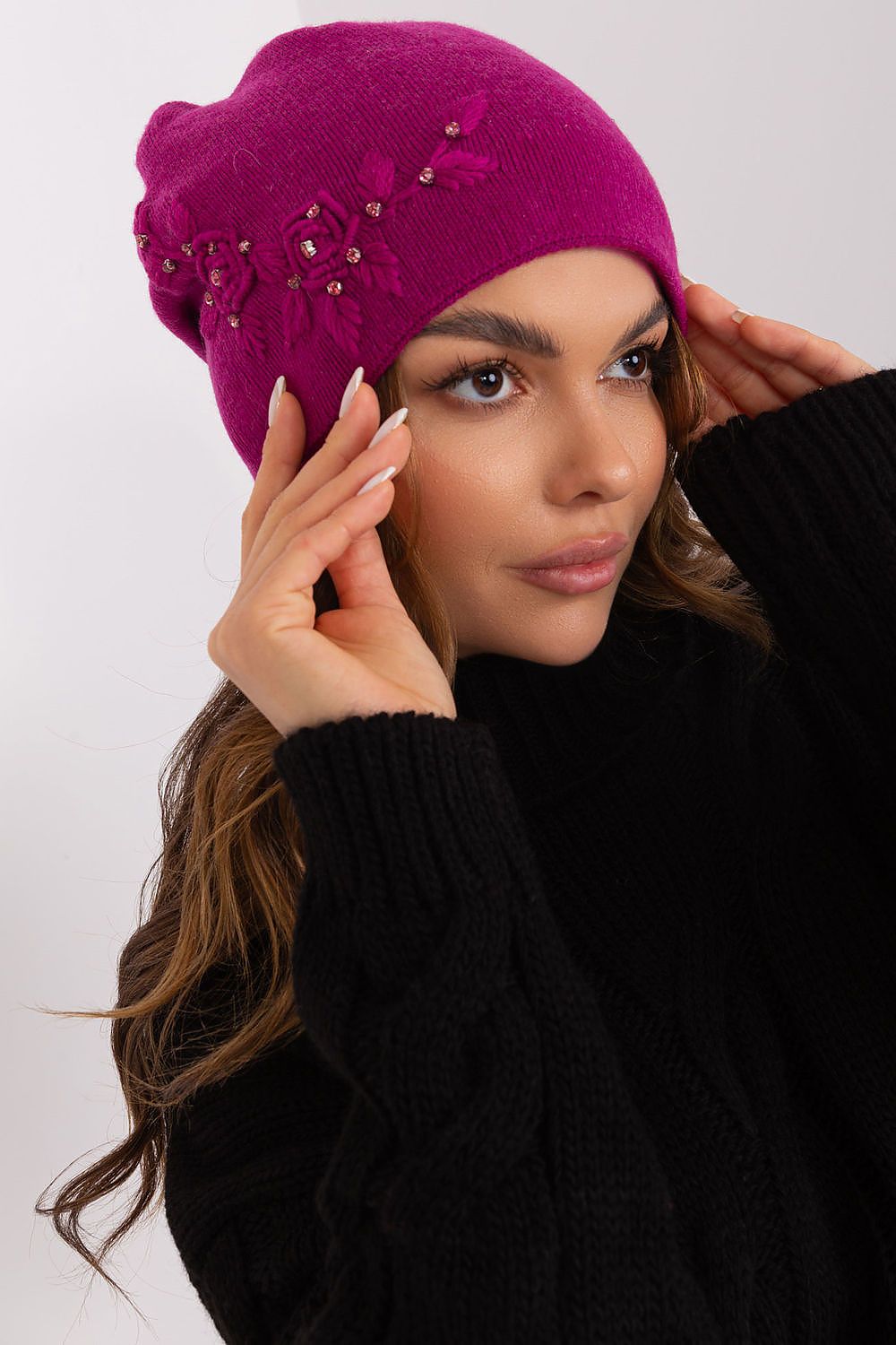 Luxury Women's Winter Hat in Smooth Knit with Decorative Applique - 50% Acrylic, 30% Cotton, 20% Cashmere