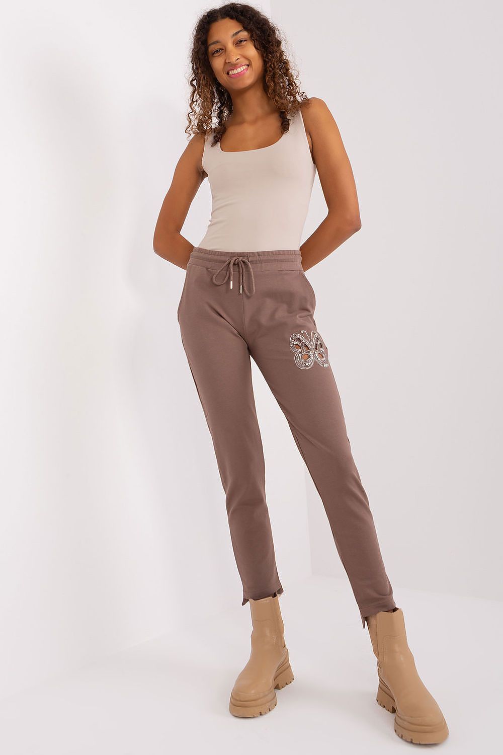 Elegant Women's Cotton Blend Tracksuit Trousers with High Waist and Rhinestone Detailing