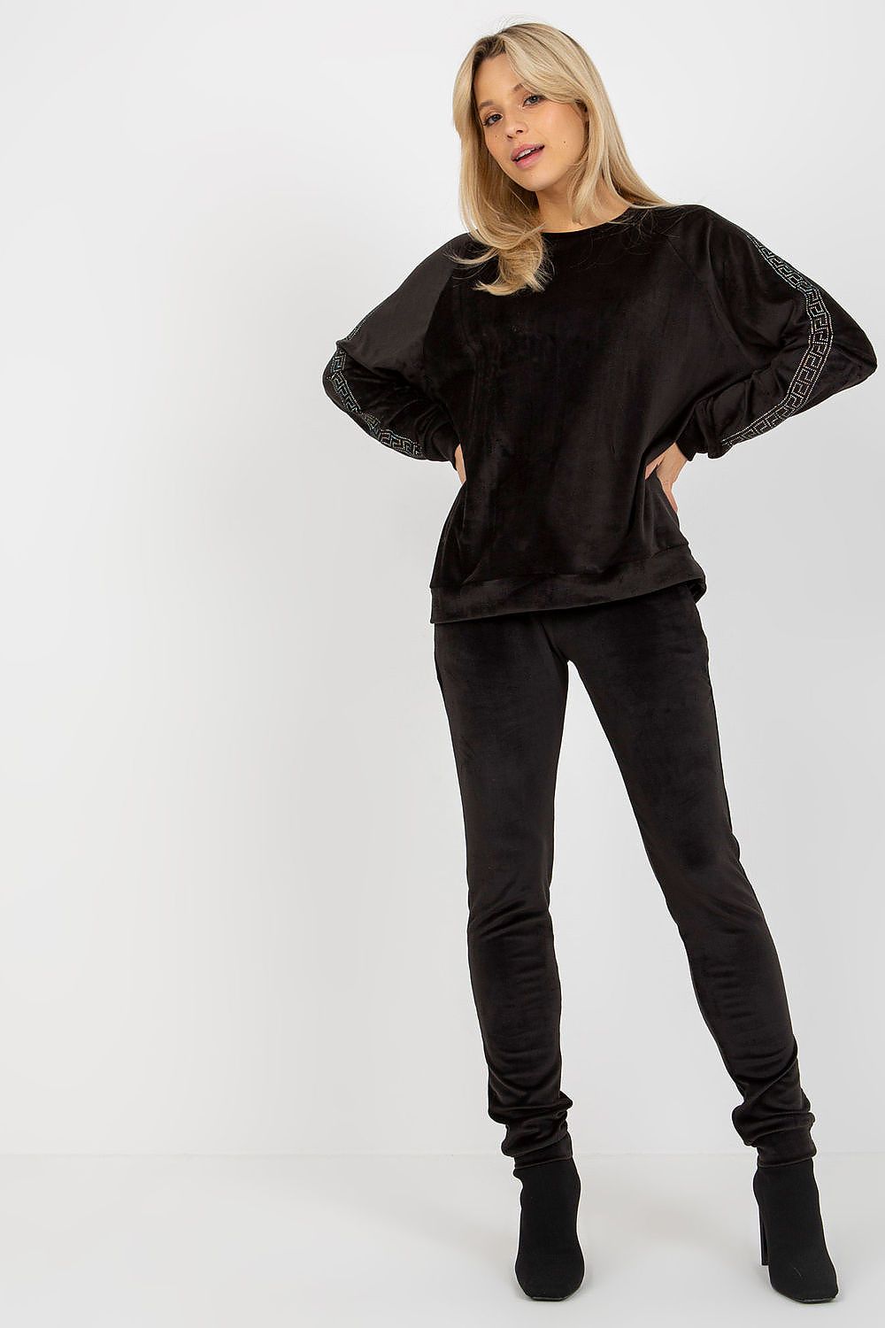 Elegant Velour Set with Rhinestone Sleeves, Blouse and Long Pants for Sophisticated Style