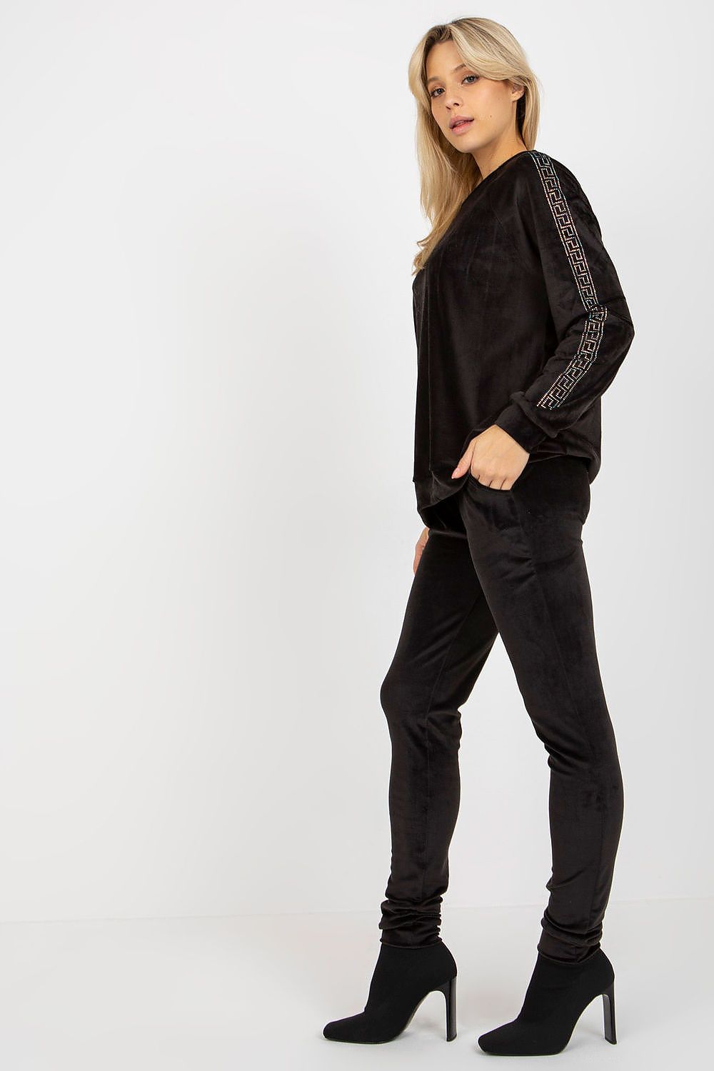 Elegant Velour Set with Rhinestone Sleeves, Blouse and Long Pants for Sophisticated Style