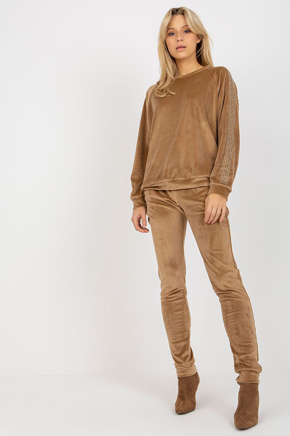 Elegant Velour Set with Rhinestone Sleeves, Blouse and Long Pants for Sophisticated Style