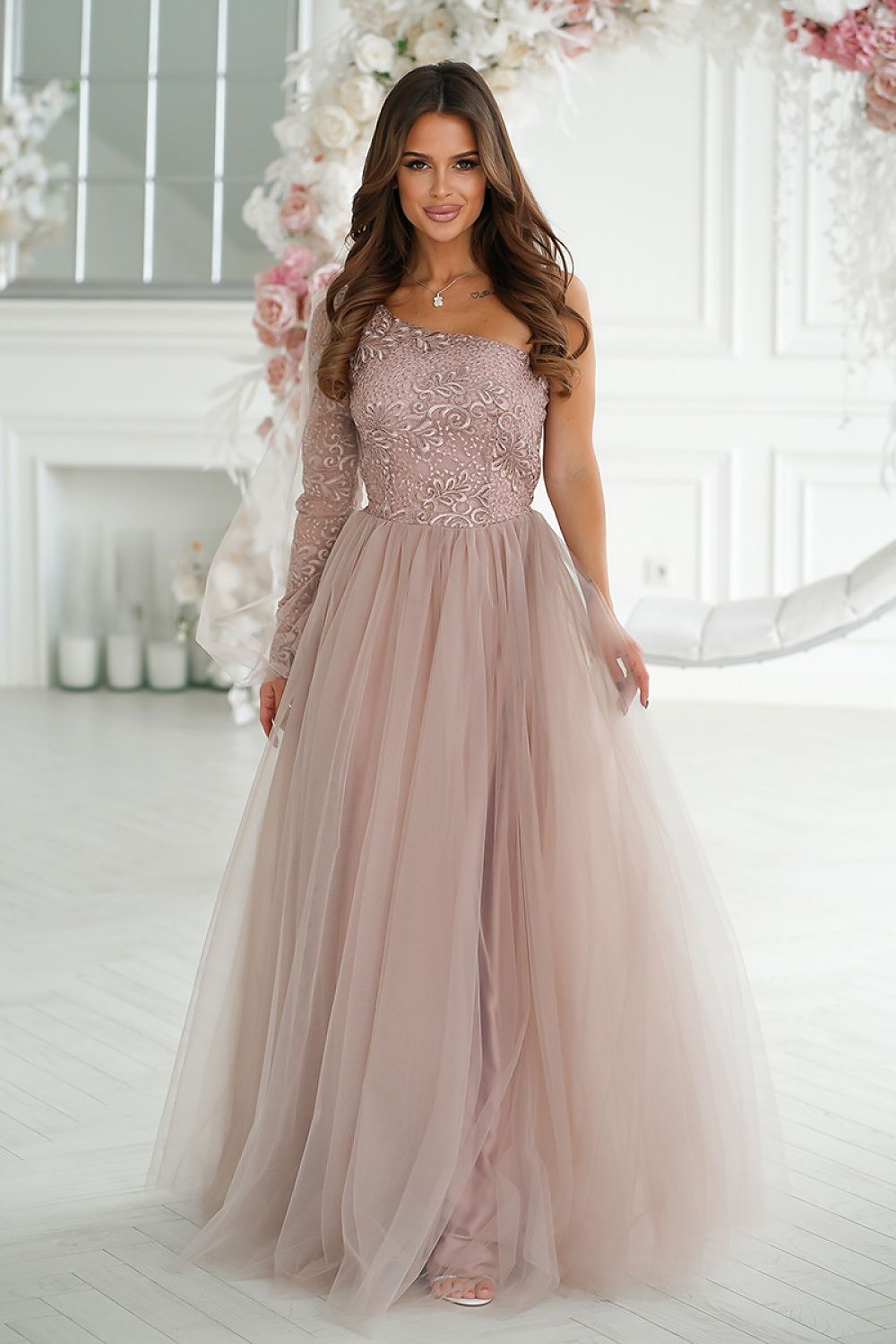 Elegant One Shoulder Prom Dress with Shimmering Lace and Flared Mesh Skirt by Bicotone