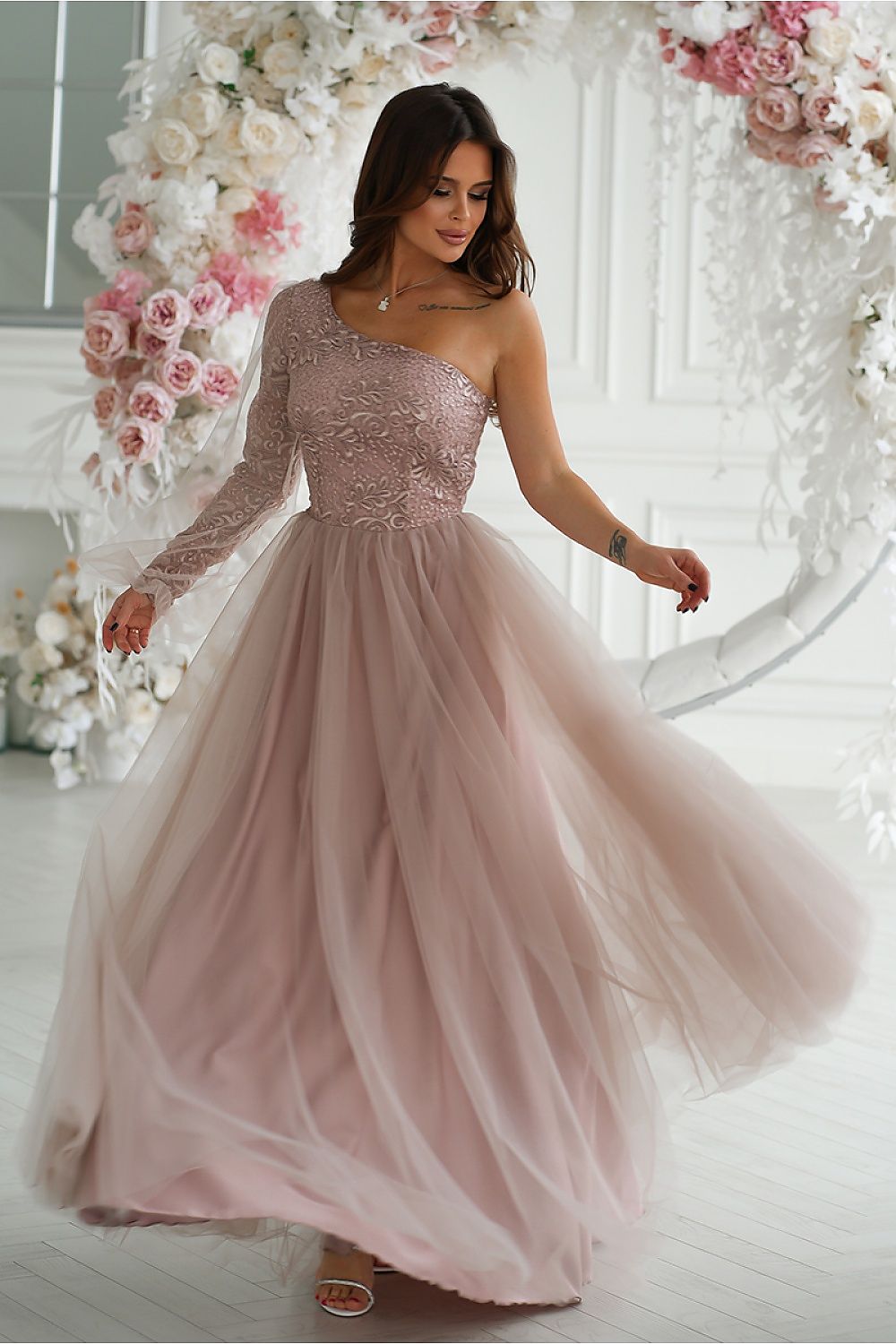 Elegant One Shoulder Prom Dress with Shimmering Lace and Flared Mesh Skirt by Bicotone