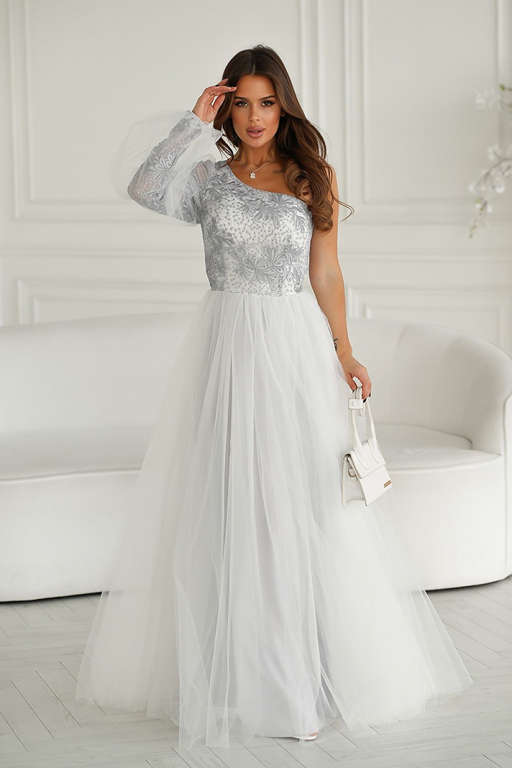 Elegant One Shoulder Prom Dress with Shimmering Lace and Flared Mesh Skirt by Bicotone