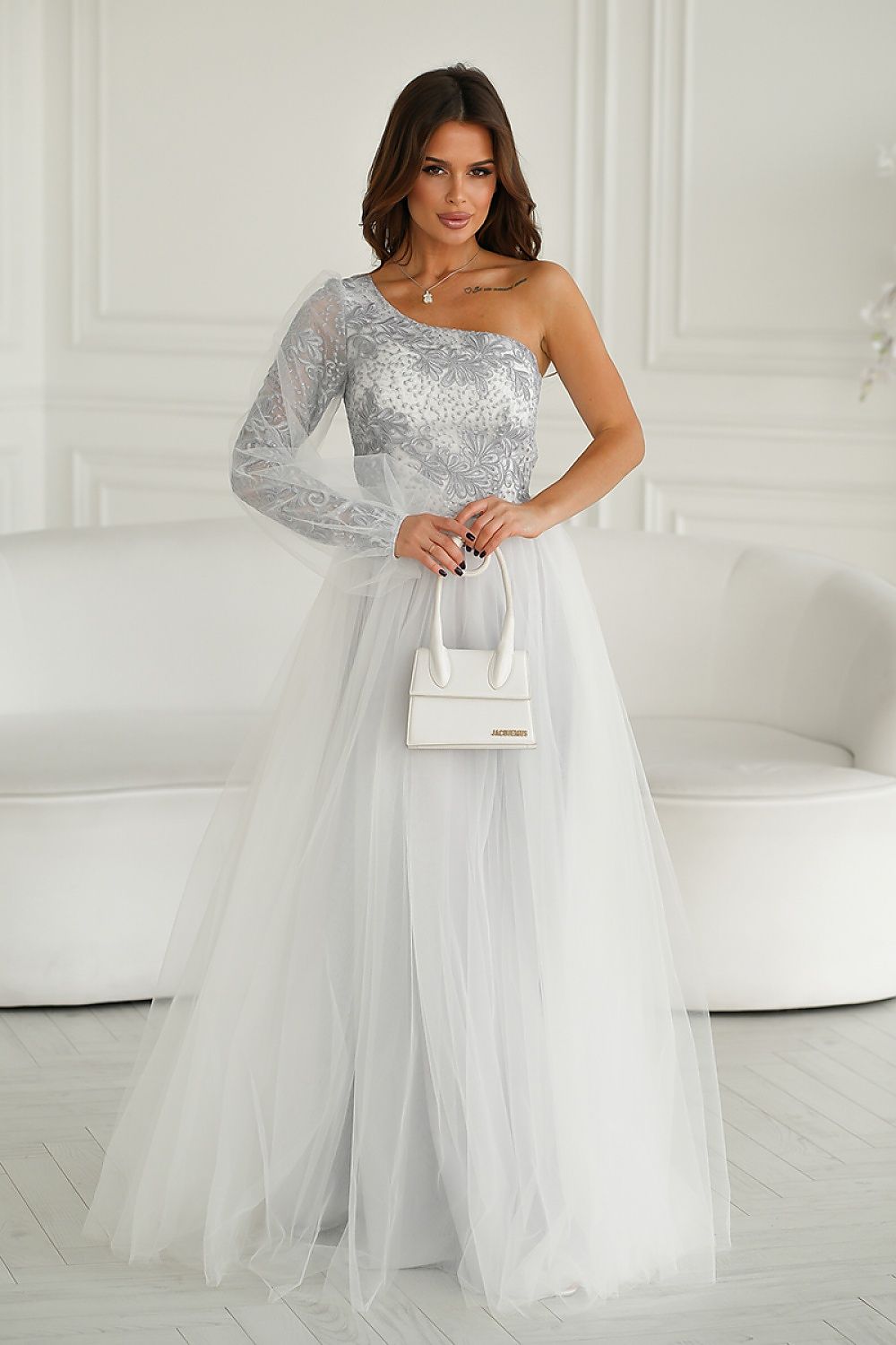 Elegant One Shoulder Prom Dress with Shimmering Lace and Flared Mesh Skirt by Bicotone