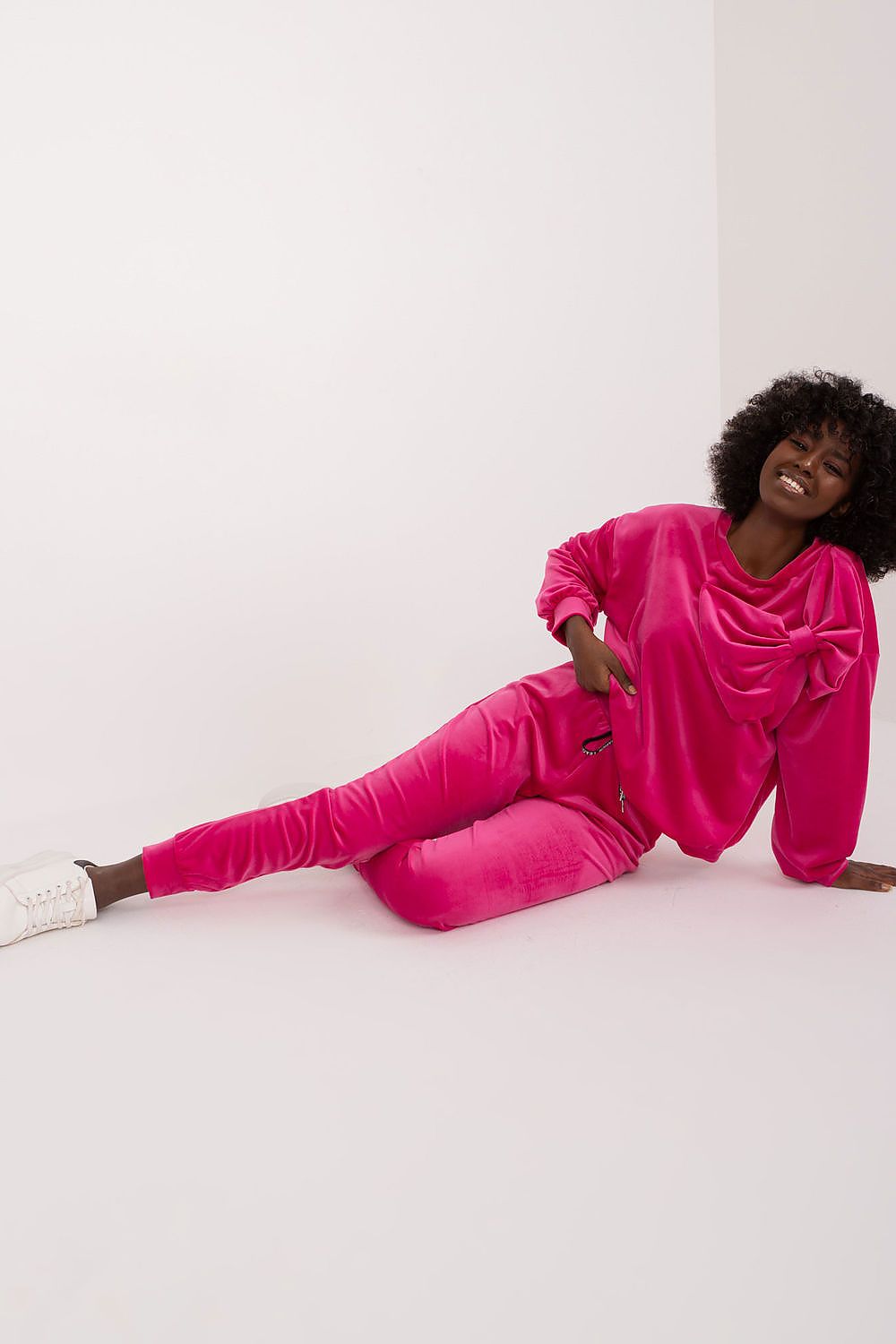 Italy Moda Velour 2-Piece Sweatshirt And Pants Set With Drawstrings And Bow Detail, Elegant Comfort
