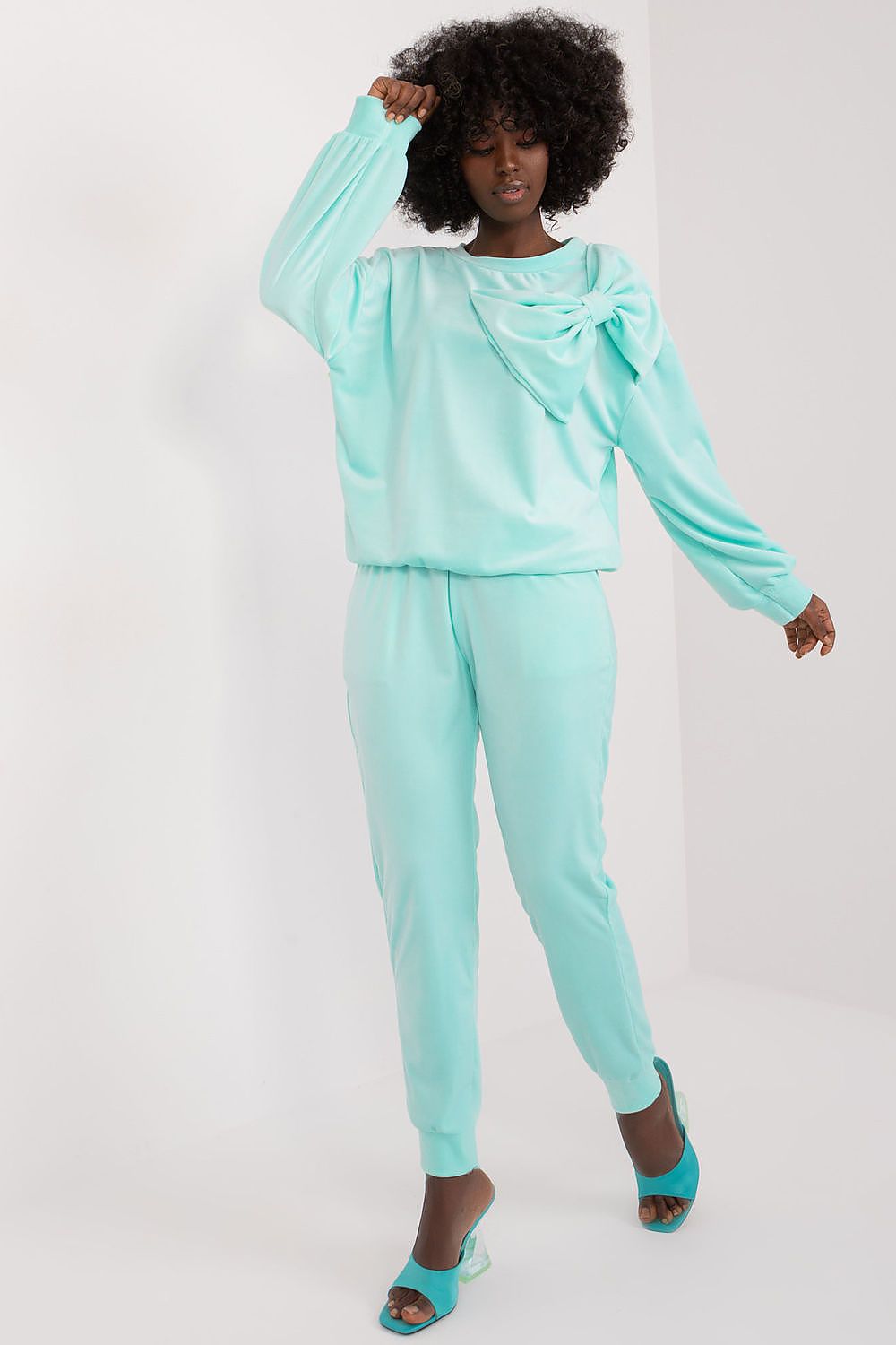 Italy Moda Velour 2-Piece Sweatshirt And Pants Set With Drawstrings And Bow Detail, Elegant Comfort