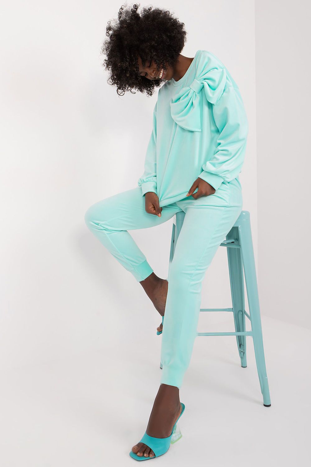 Italy Moda Velour 2-Piece Sweatshirt And Pants Set With Drawstrings And Bow Detail, Elegant Comfort