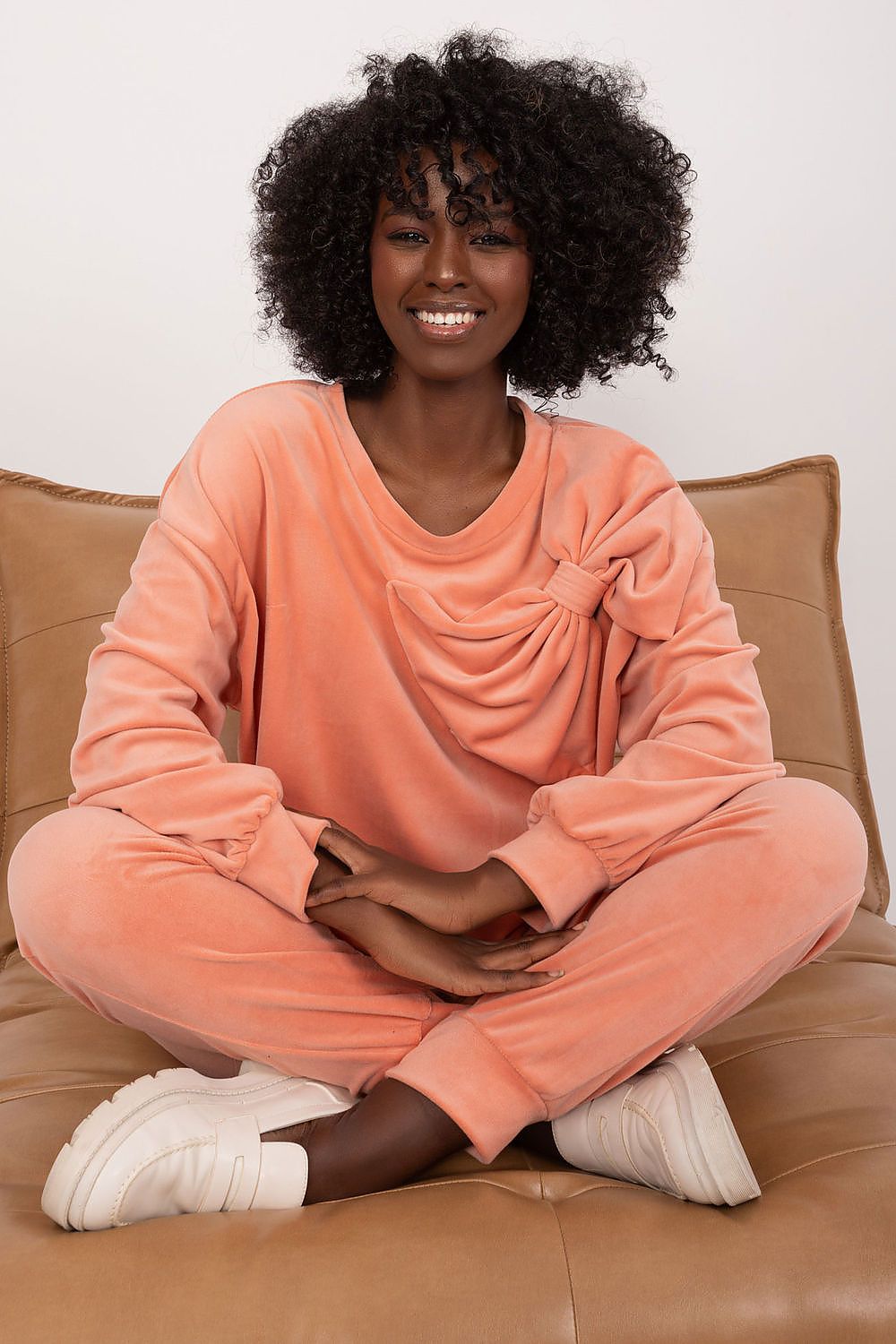 Italy Moda Velour 2-Piece Sweatshirt And Pants Set With Drawstrings And Bow Detail, Elegant Comfort