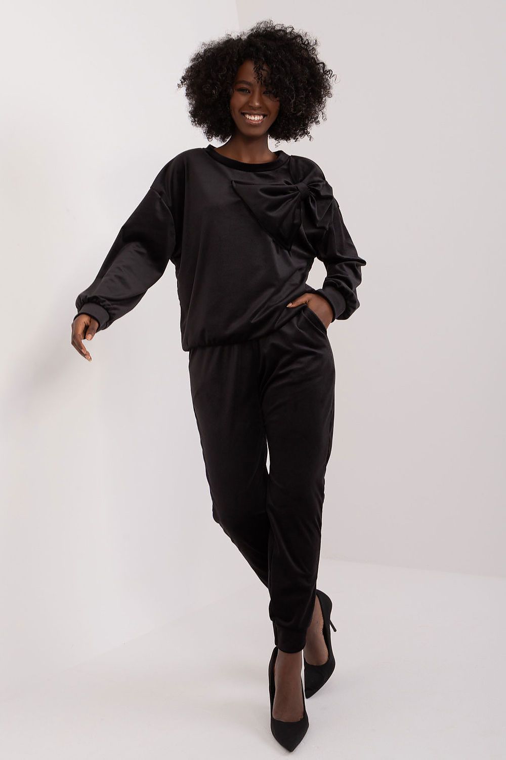 Italy Moda Velour 2-Piece Sweatshirt And Pants Set With Drawstrings And Bow Detail, Elegant Comfort