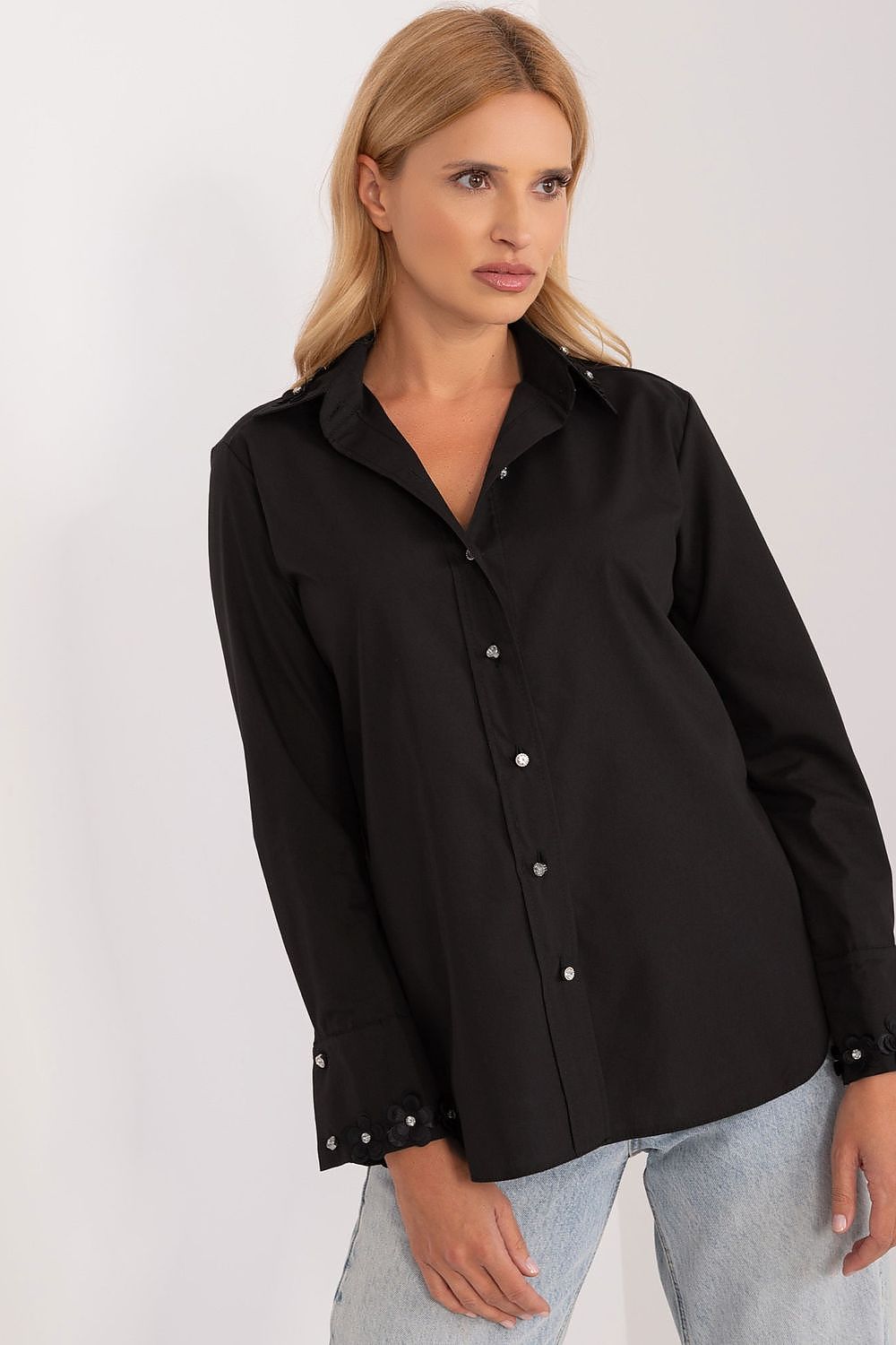Elegant Long Sleeve Cotton Shirt with Embroidered Flowers and Zircons - Lakerta Classic Style for Women