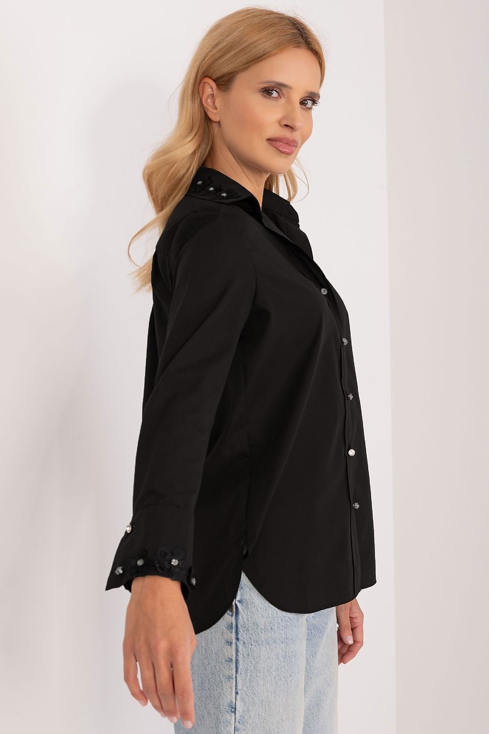 Elegant Long Sleeve Cotton Shirt with Embroidered Flowers and Zircons - Lakerta Classic Style for Women