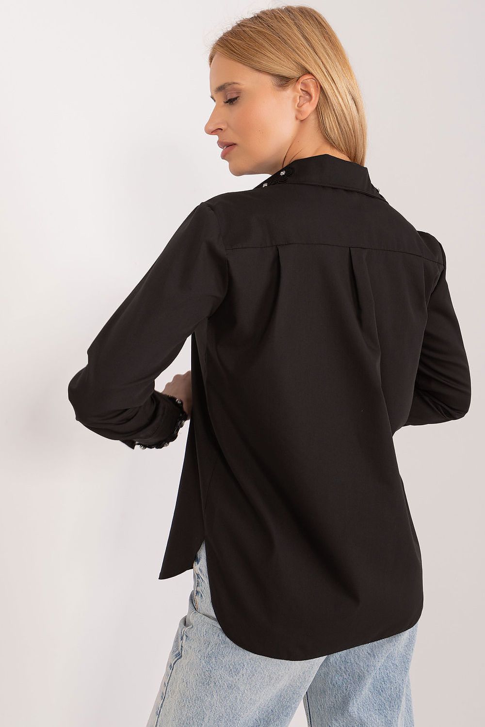 Elegant Long Sleeve Cotton Shirt with Embroidered Flowers and Zircons - Lakerta Classic Style for Women