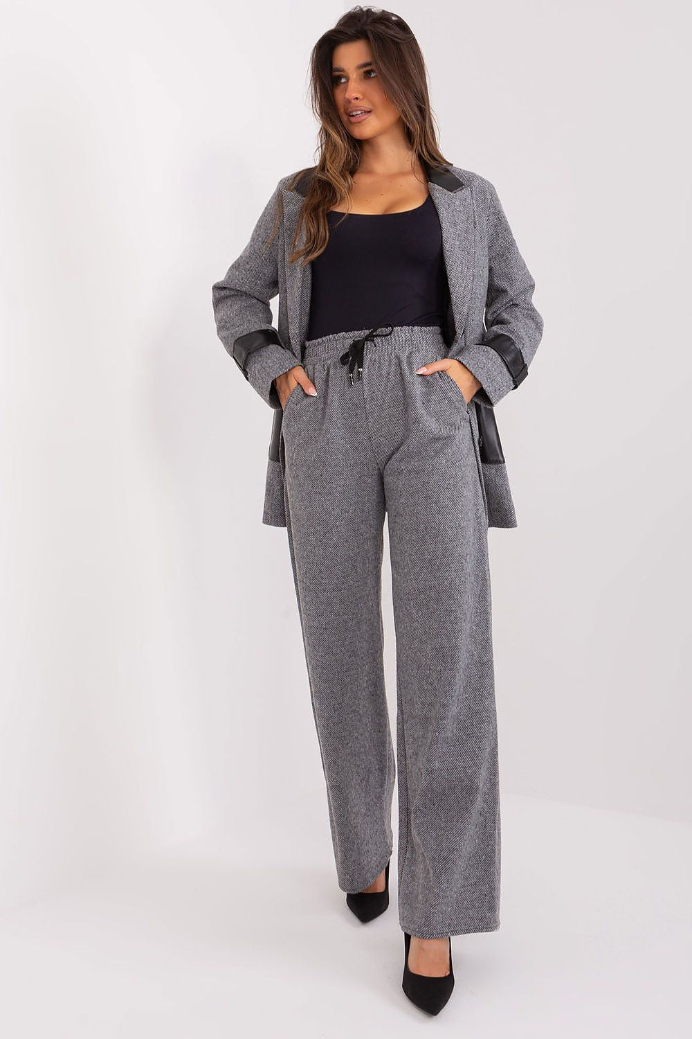 High-Waisted Lakerta Women's Trousers with Waist Tie and Pepite Pattern - Wide Leg Casual Pants