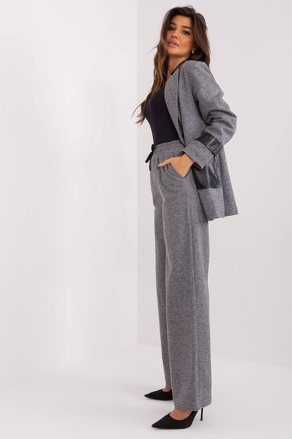 High-Waisted Lakerta Women's Trousers with Waist Tie and Pepite Pattern - Wide Leg Casual Pants