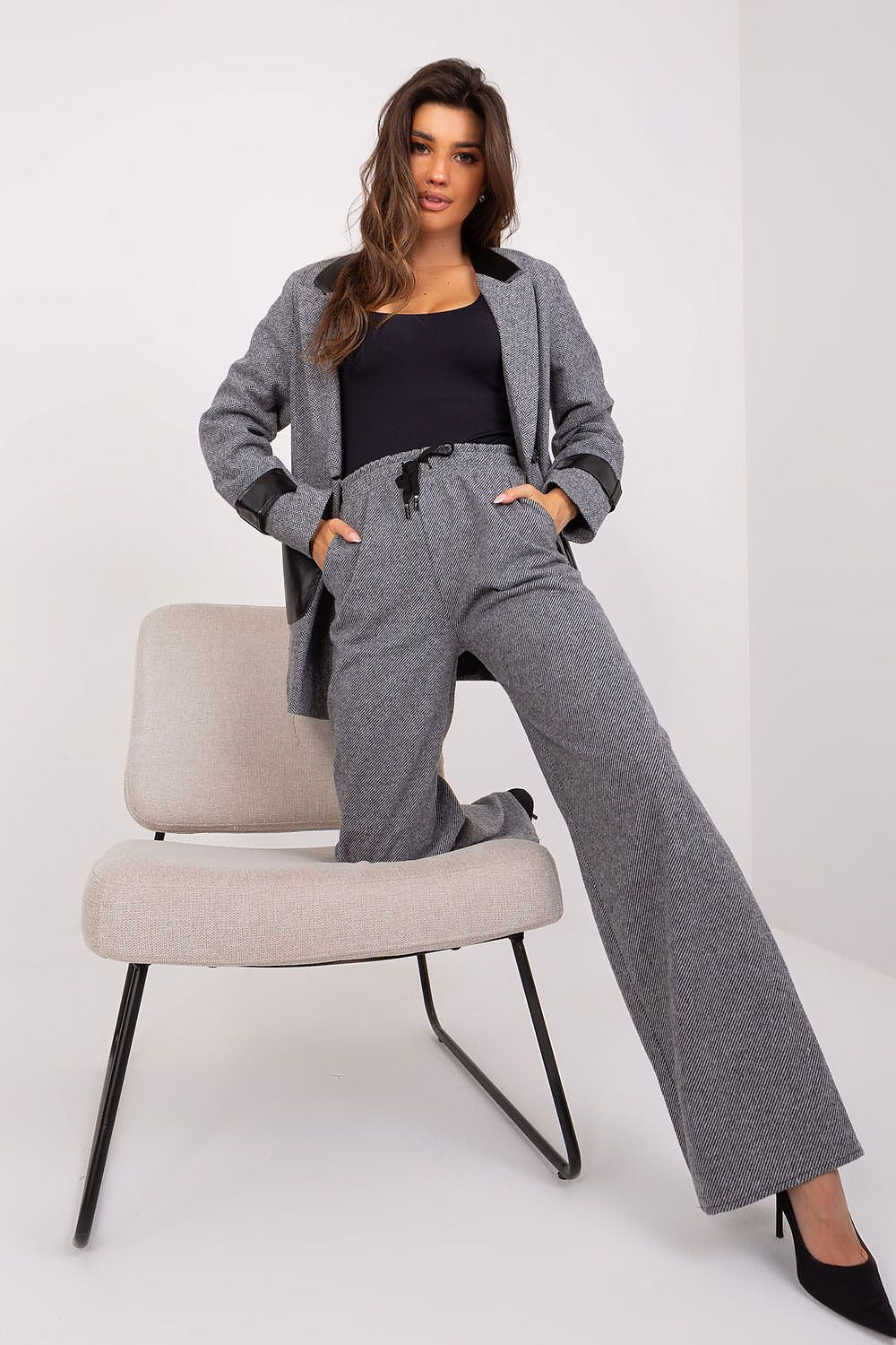 High-Waisted Lakerta Women's Trousers with Waist Tie and Pepite Pattern - Wide Leg Casual Pants