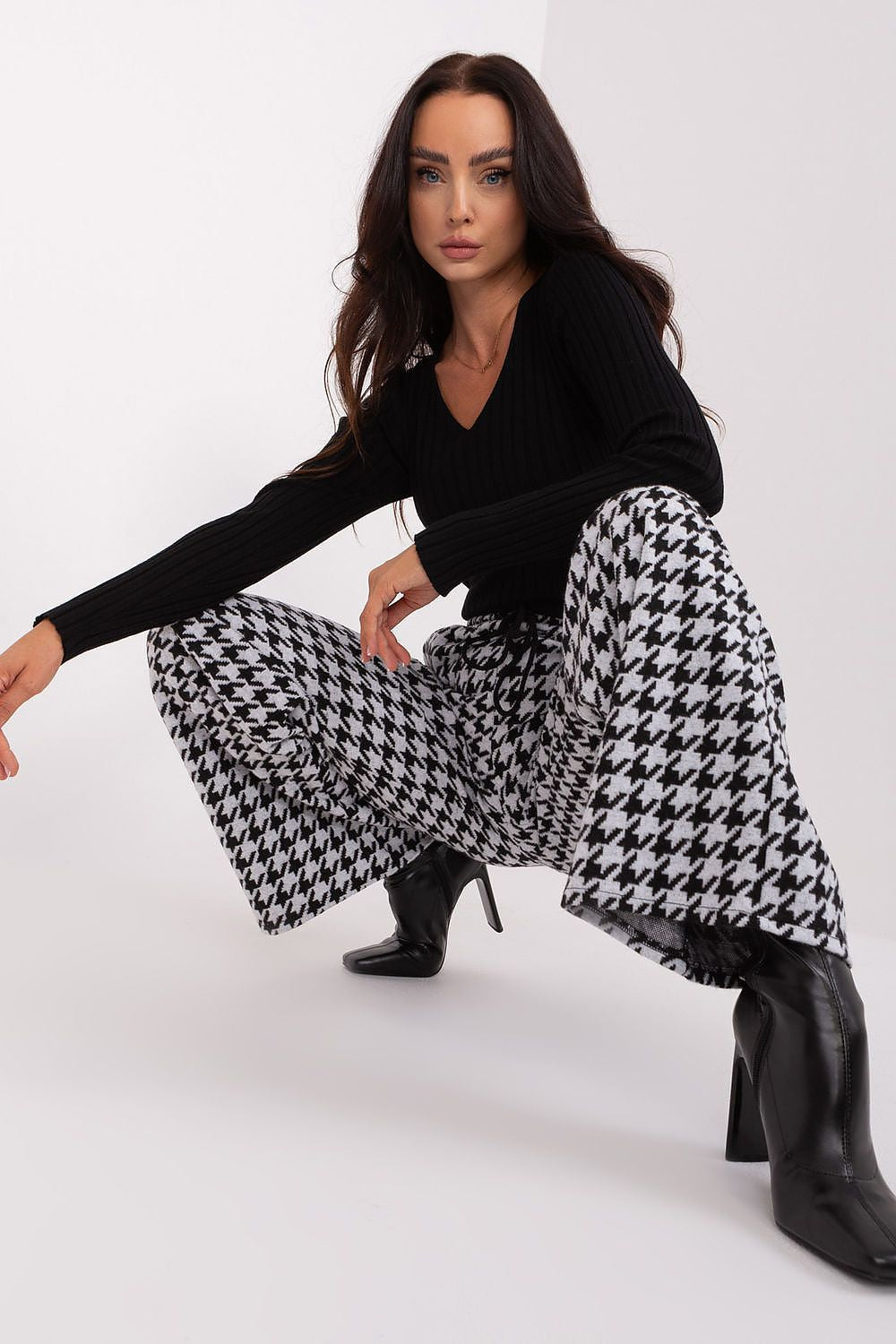 High-Waisted Lakerta Women's Trousers with Waist Tie and Pepite Pattern - Wide Leg Casual Pants