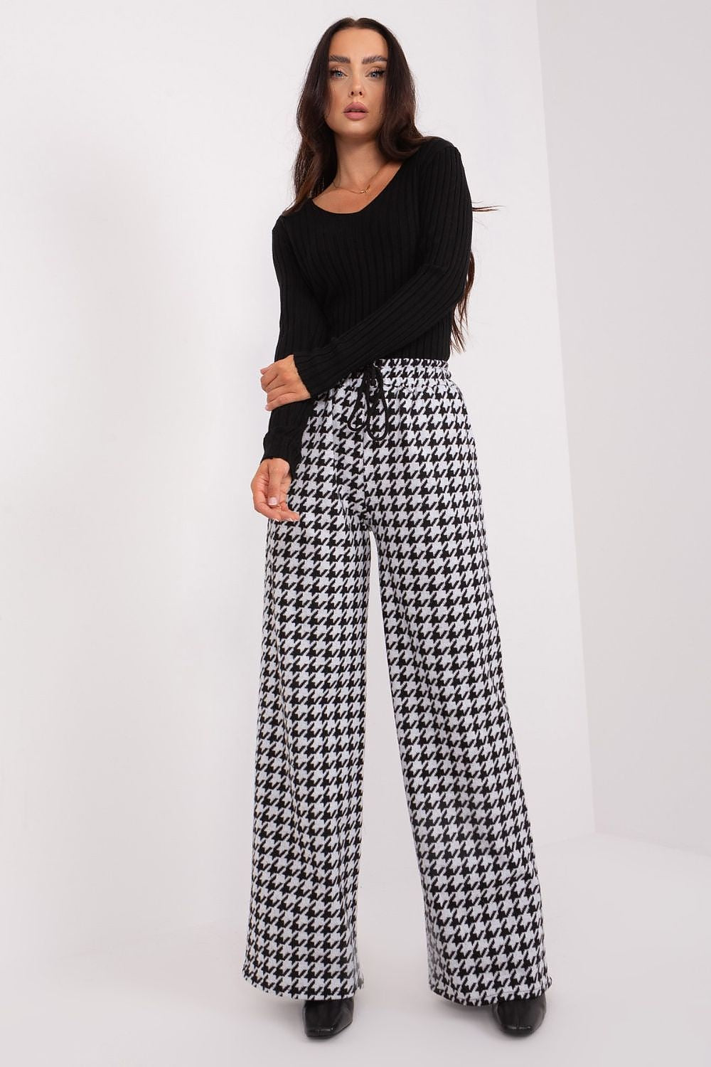High-Waisted Lakerta Women's Trousers with Waist Tie and Pepite Pattern - Wide Leg Casual Pants
