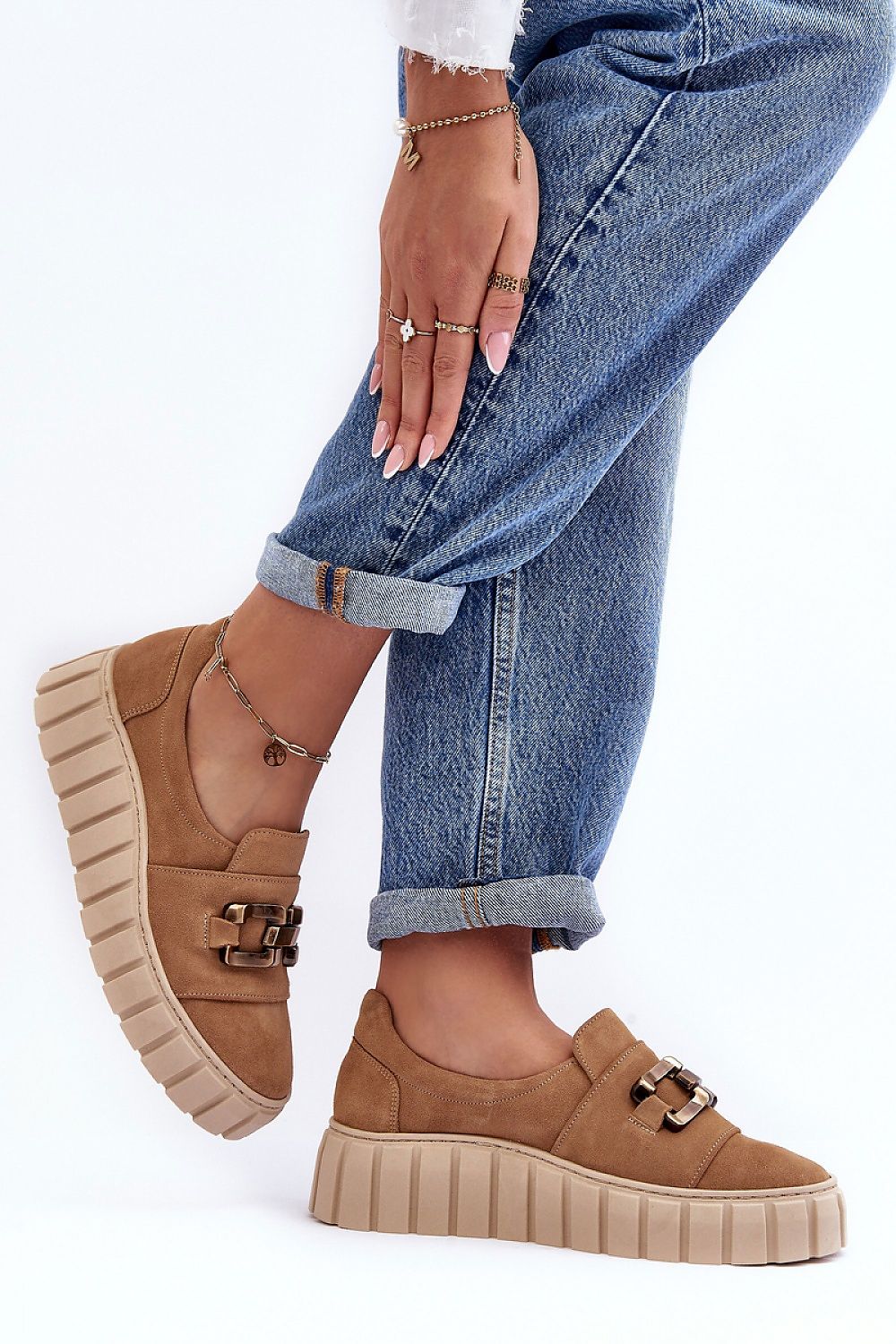 Women's Half Shoes in Natural Leather with Gold Ornament and Adjustable Elastic Band