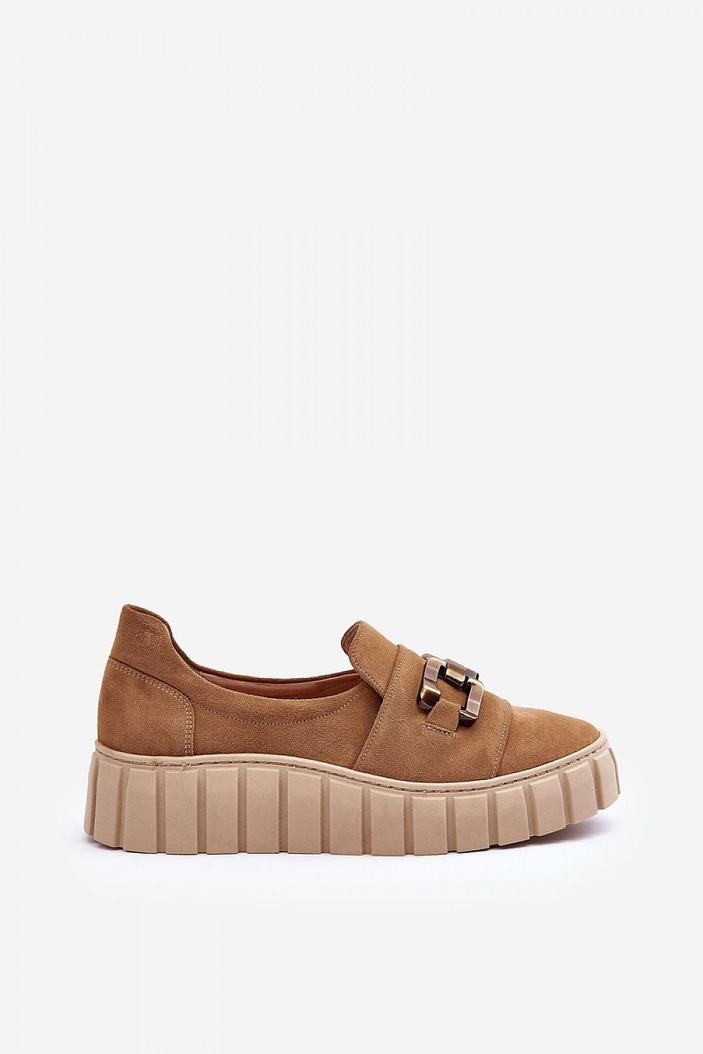 Women's Half Shoes in Natural Leather with Gold Ornament and Adjustable Elastic Band