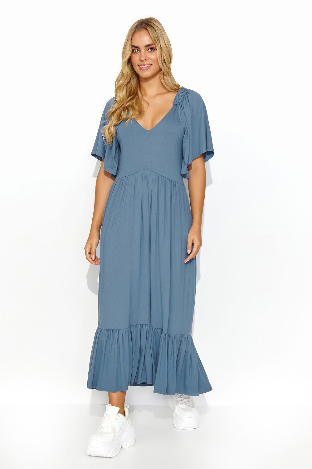Elegant Long Dress with Ruffles and Gold Tinsel - Feminine Charm in Olive, Denim, Chocolate, Black or Beige