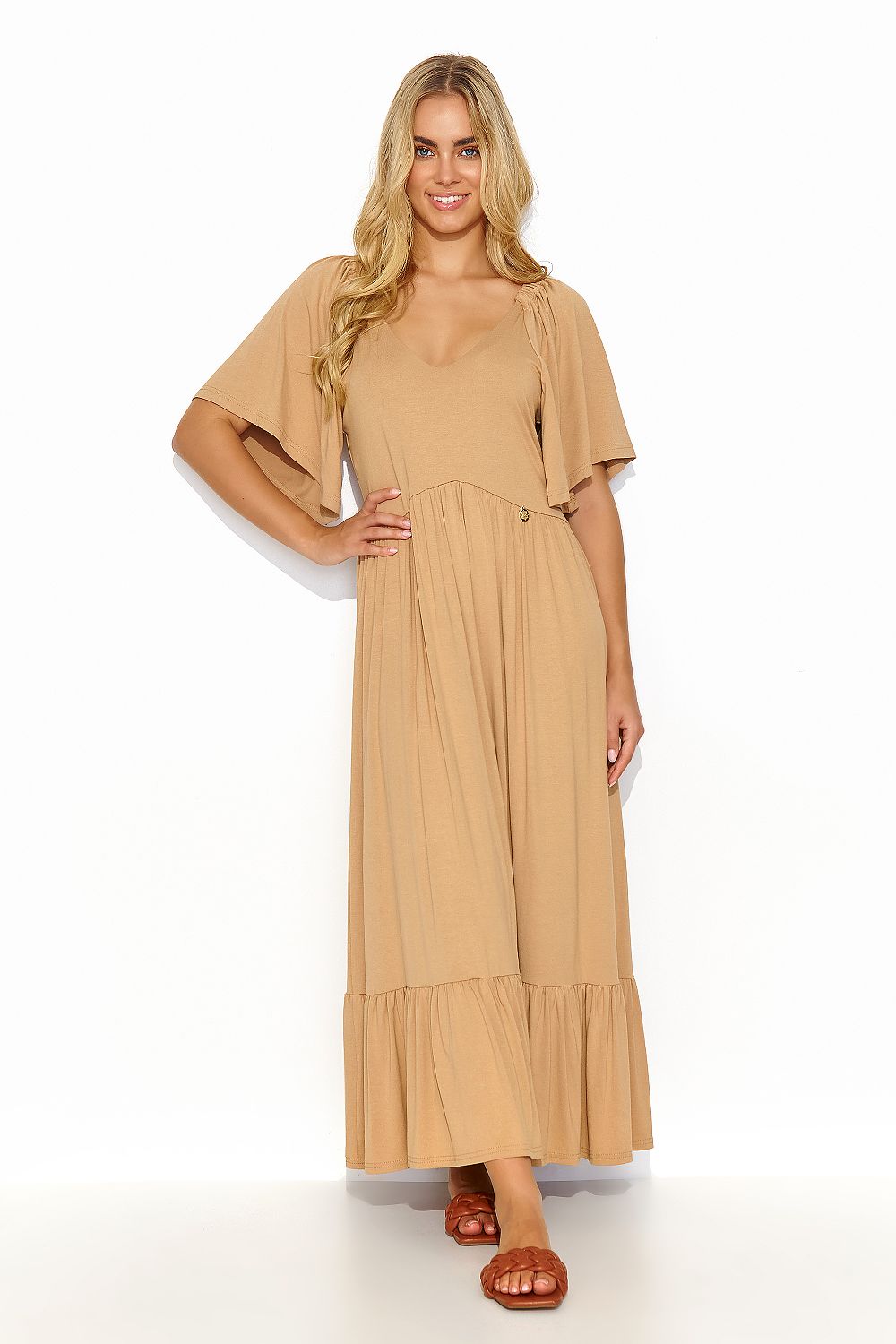 Elegant Long Dress with Ruffles and Gold Tinsel - Feminine Charm in Olive, Denim, Chocolate, Black or Beige