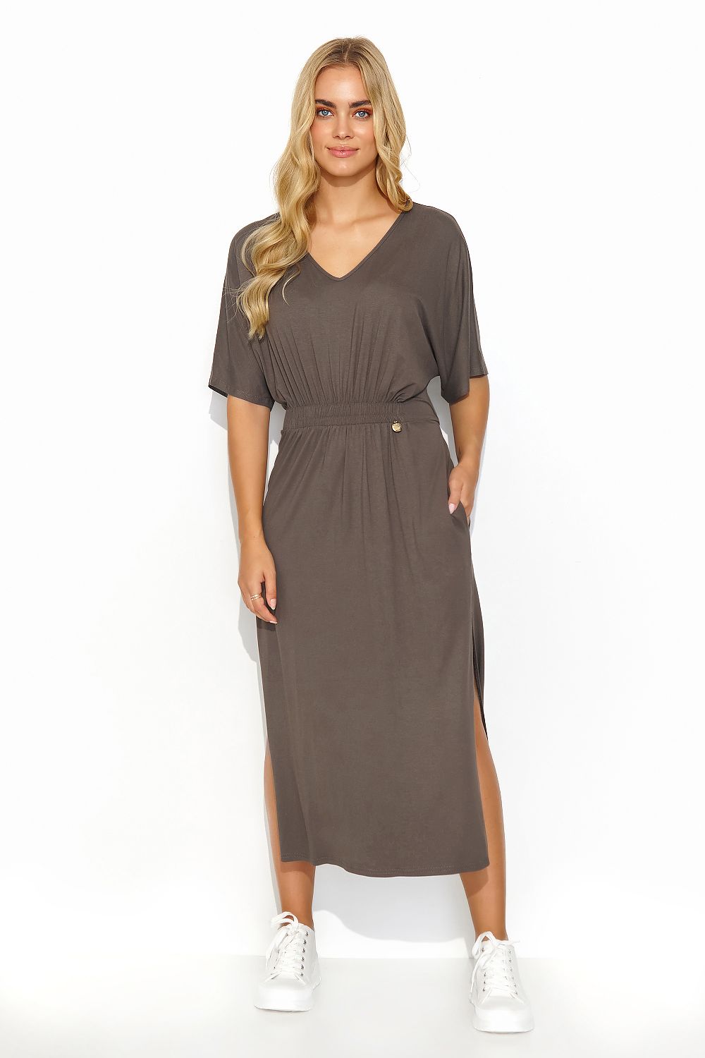 Makadamia Midi Dress with Drawstring Waist and Elegant Slit - Lightweight Knit for Summer Style